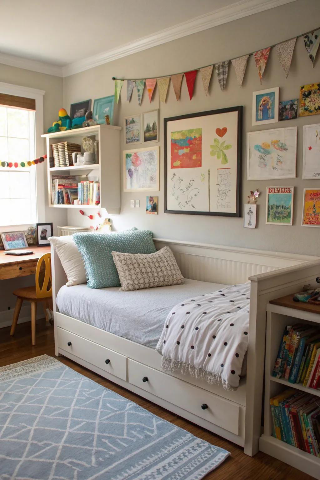 Celebrate individuality using a personalized art wall above the sleeper sofa.