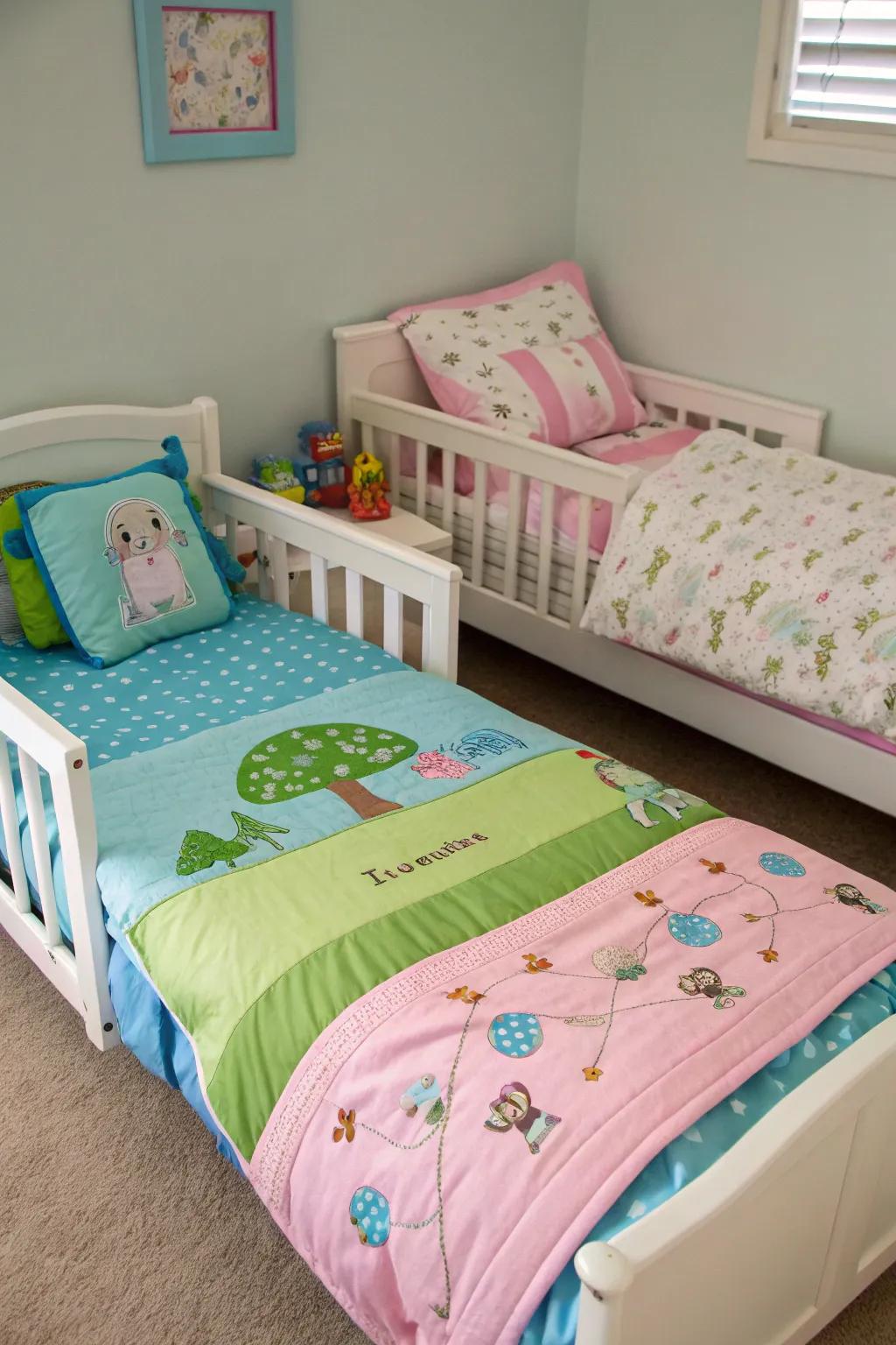 Custom bedding adds a touch of individuality to the room.