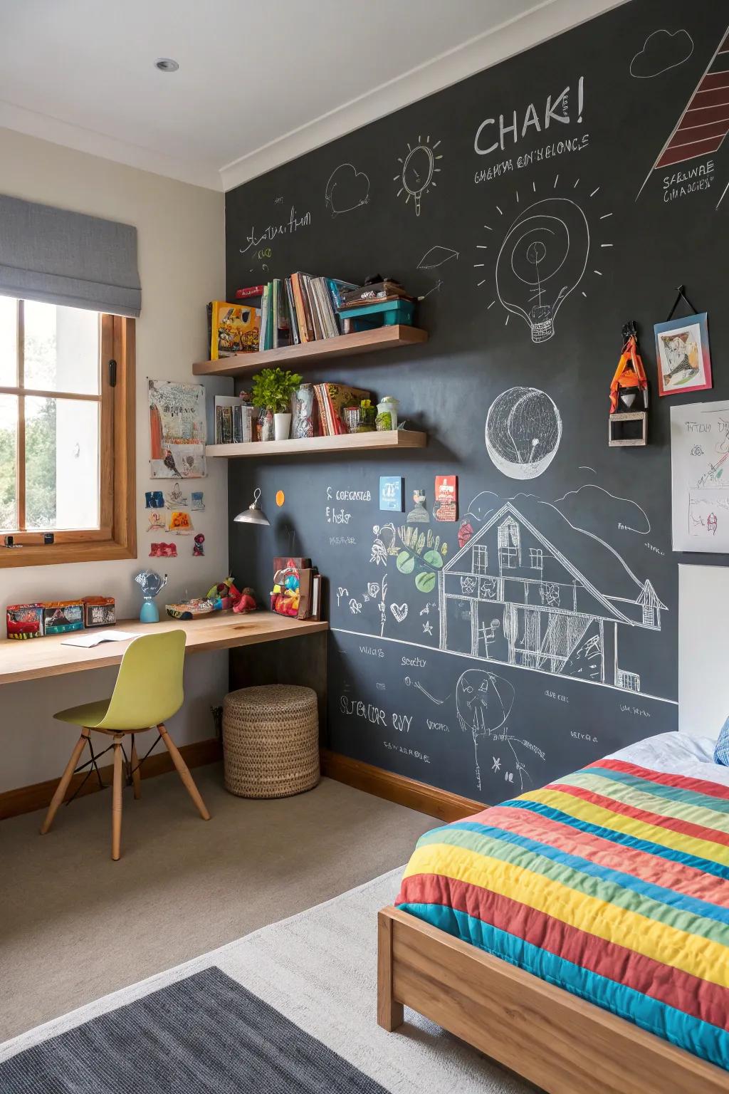 A chalkboard wall inspires inventiveness and fun.
