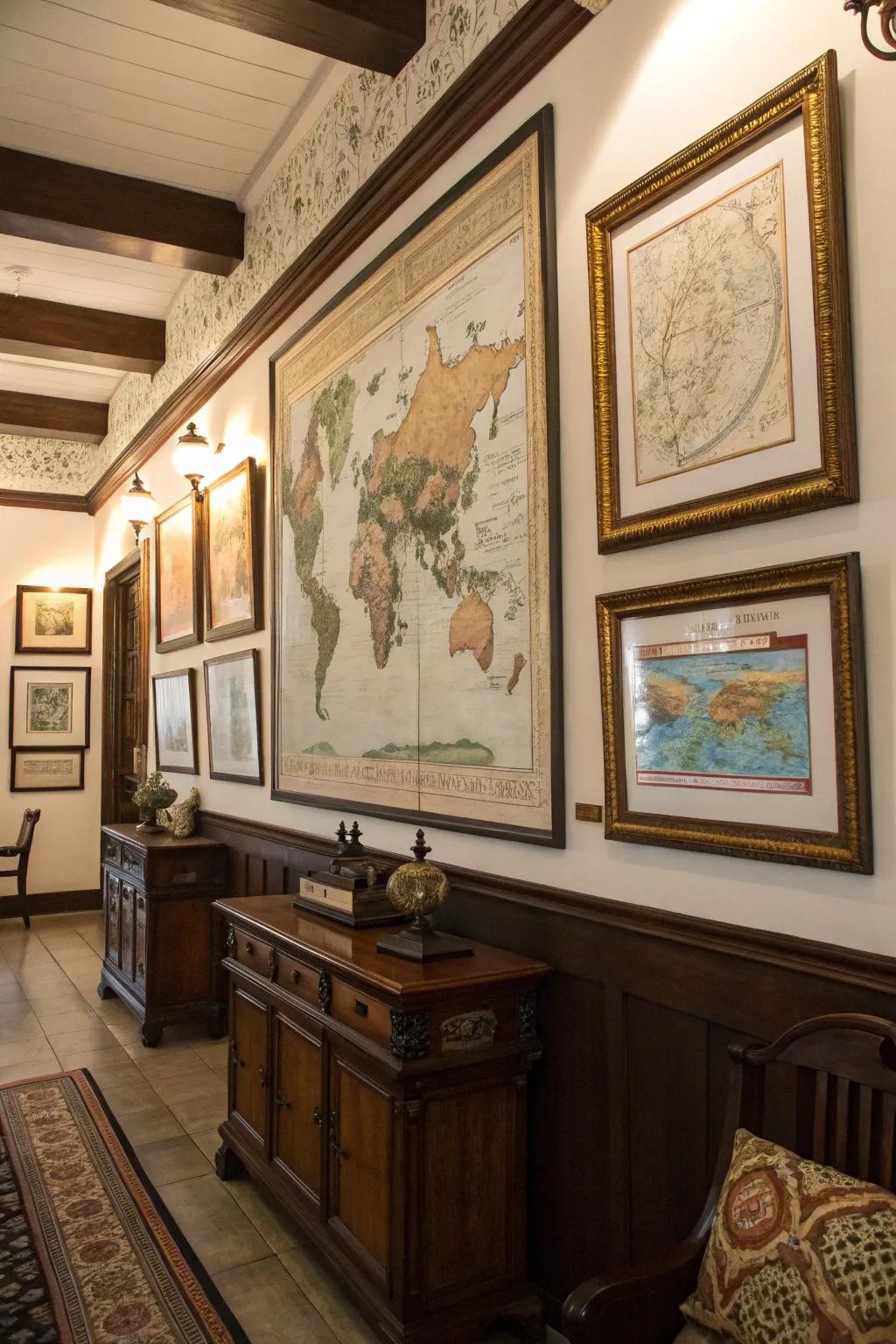 Vintage cartographies narrate a tale of exploration and journeys.