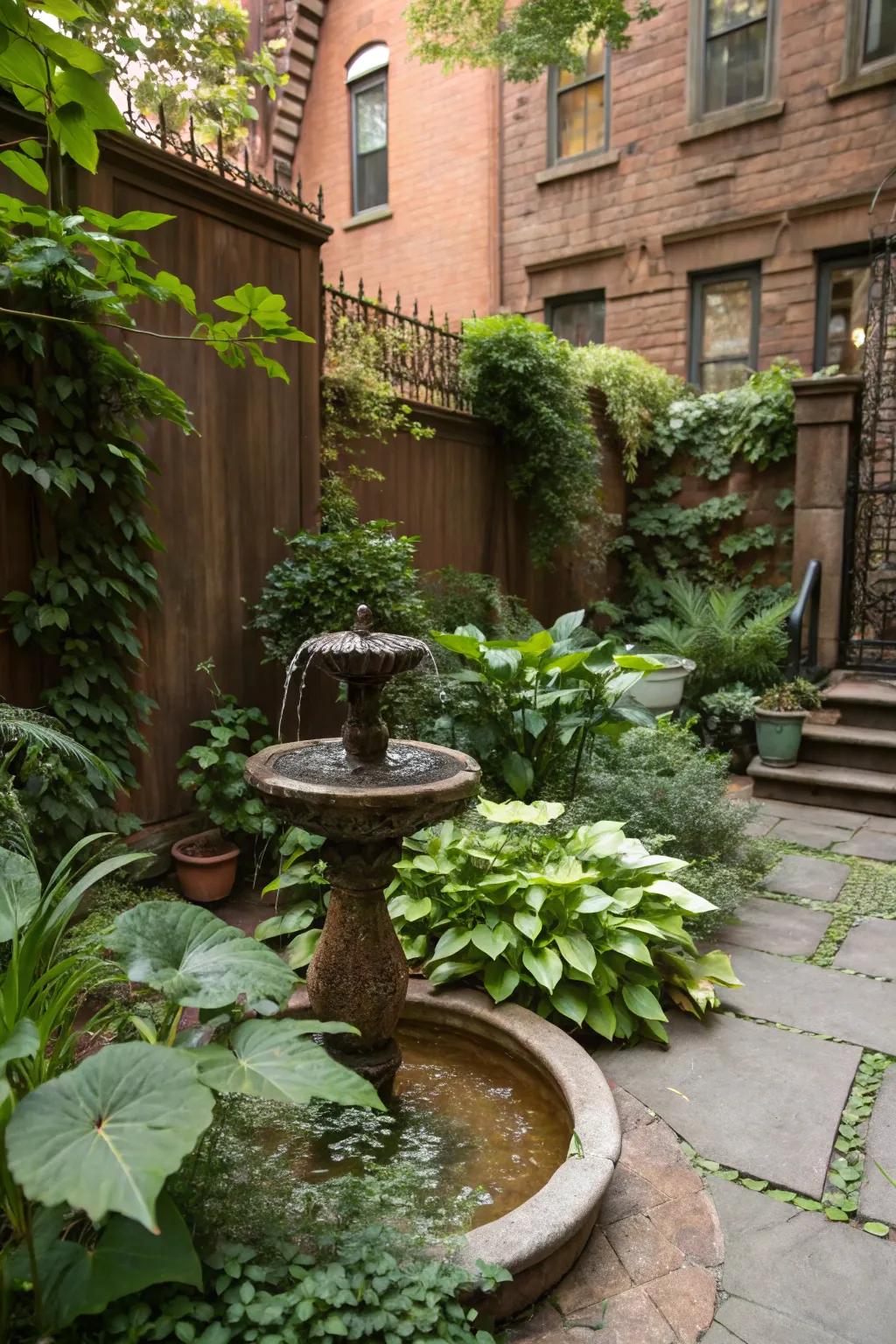 A water element contributes peacefulness and charm to the backyard ambiance.
