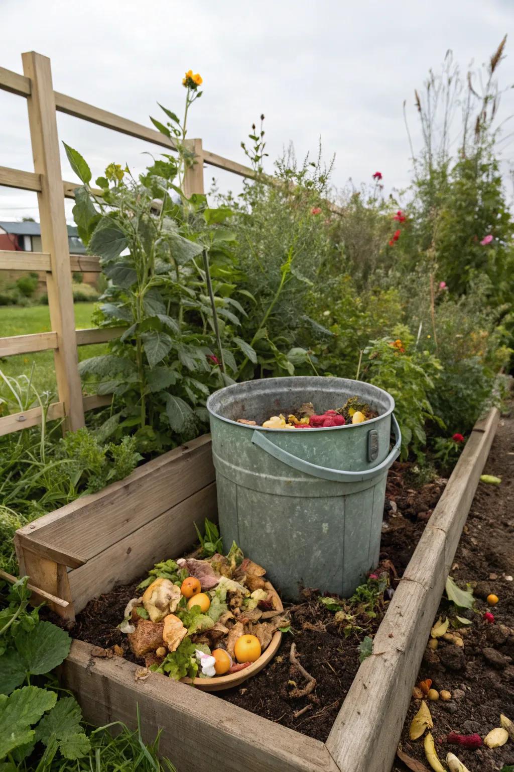 A bucket composting arrangement enriching garden soil.