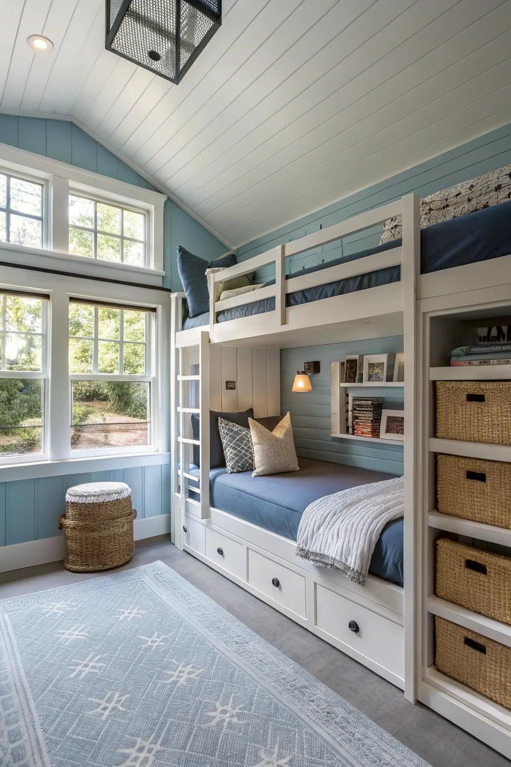 Creative use of garage space as a stylish bunk room.