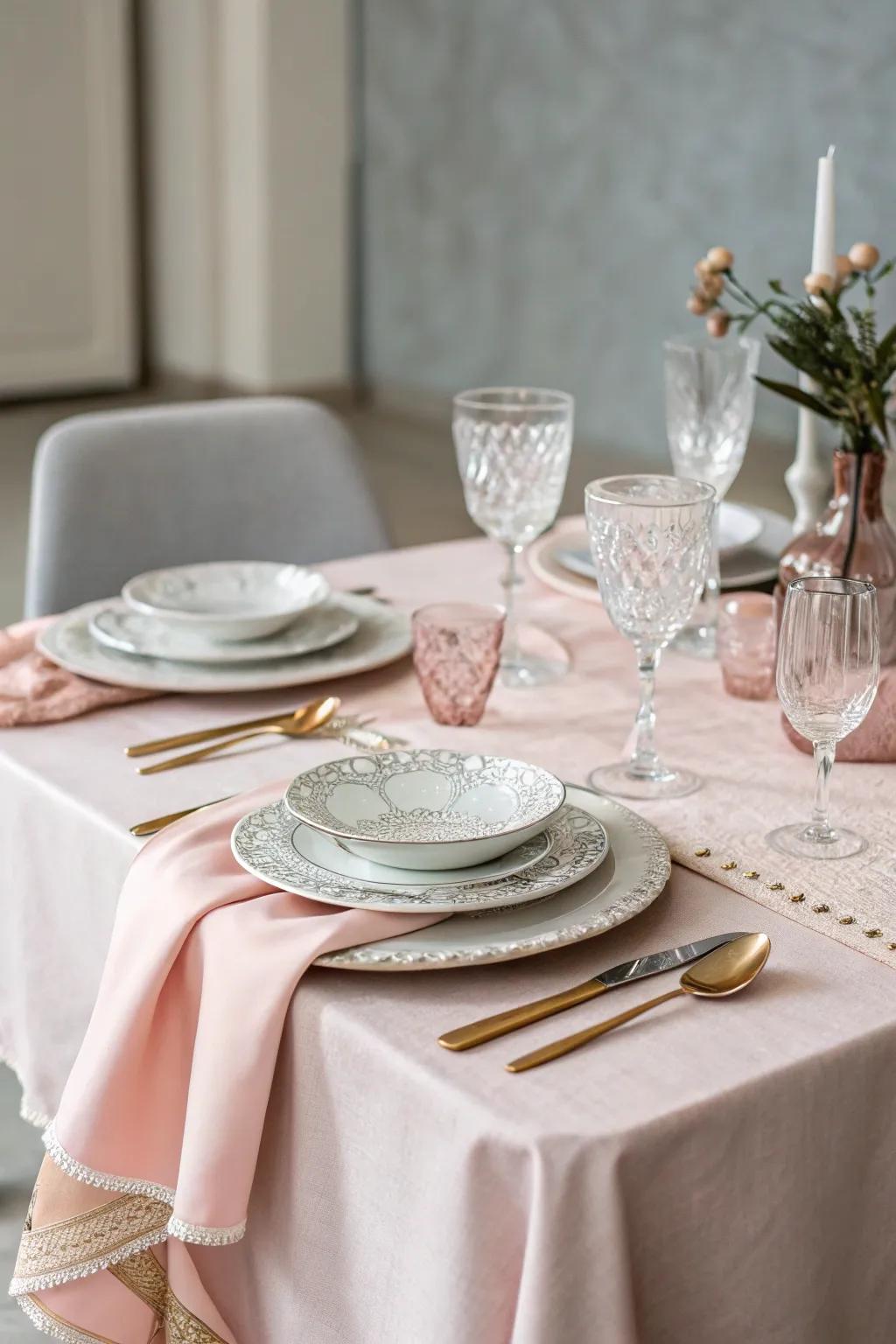 Soft-toned table linens create a soft, serene setting for the celebration.
