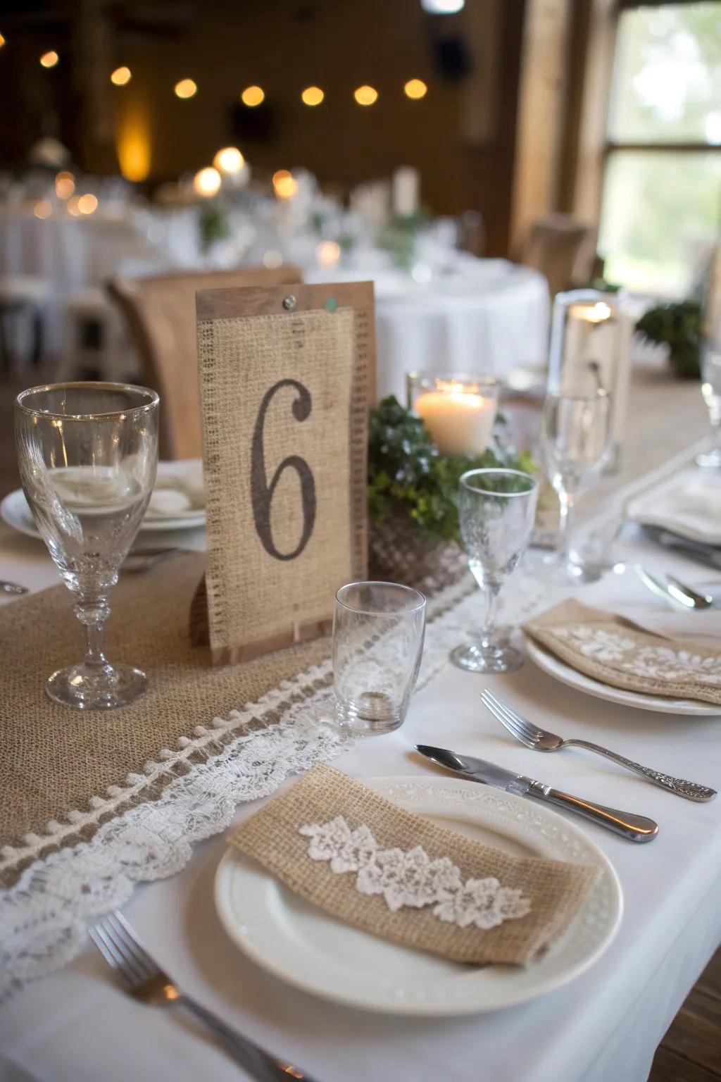Personalize your table settings with hessian numbers.