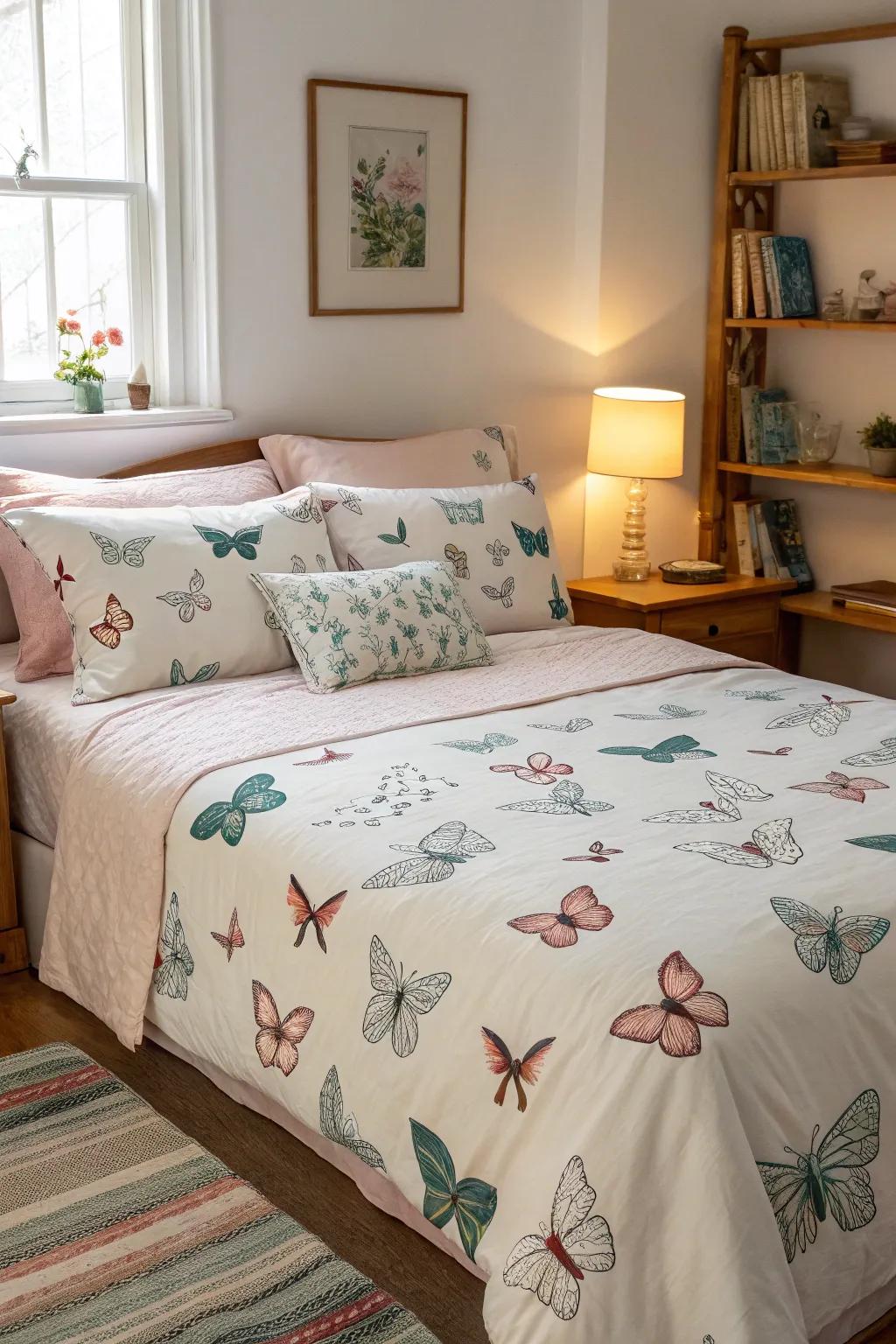 Butterfly bedding creates a peaceful retreat.