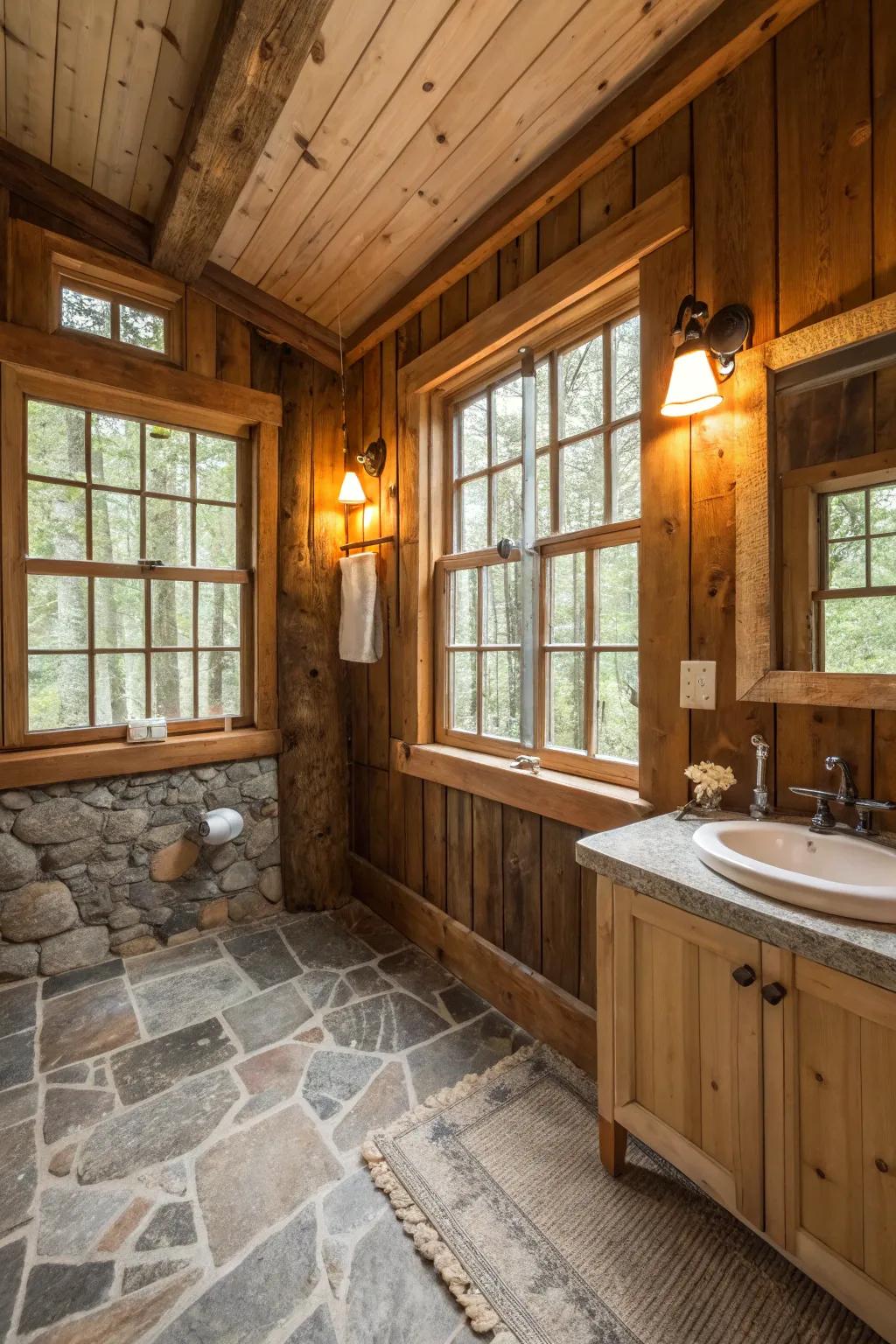 A cabin bathroom featuring repurposed barn windows for a distinctive touch.