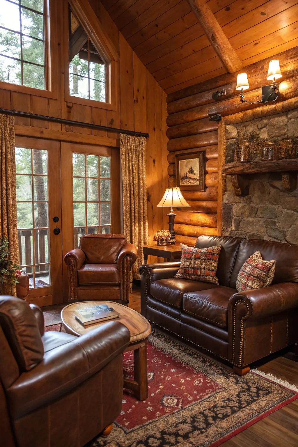 The touches of leather give the cabin a timeless, countryside feel.