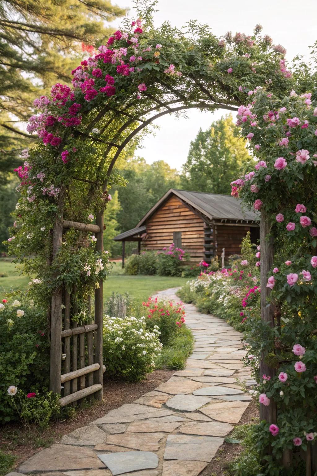 A garden gateway fashions a dazzling entry to your cabin garden.