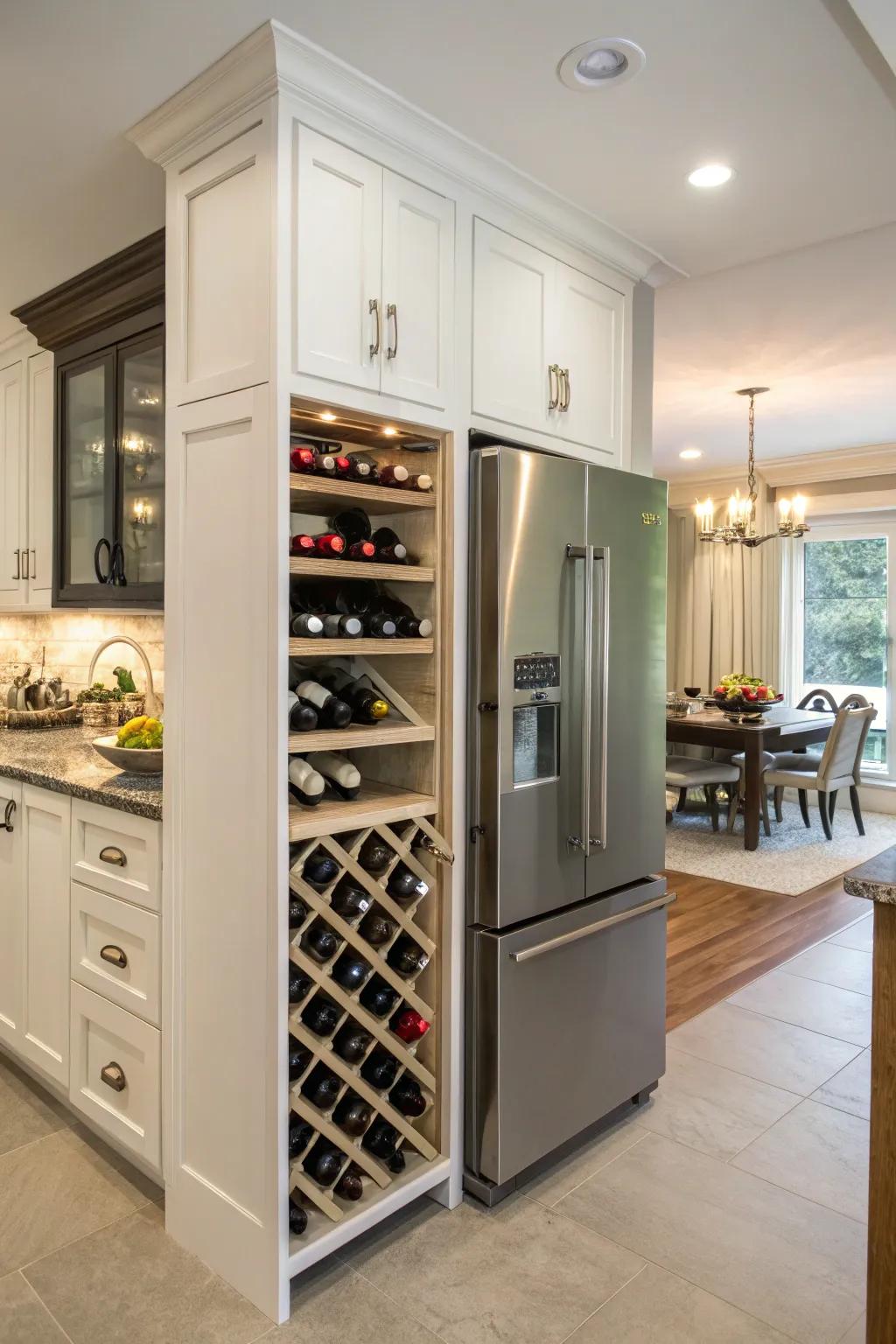 A wine rack above the refrigerator offers both style and function.