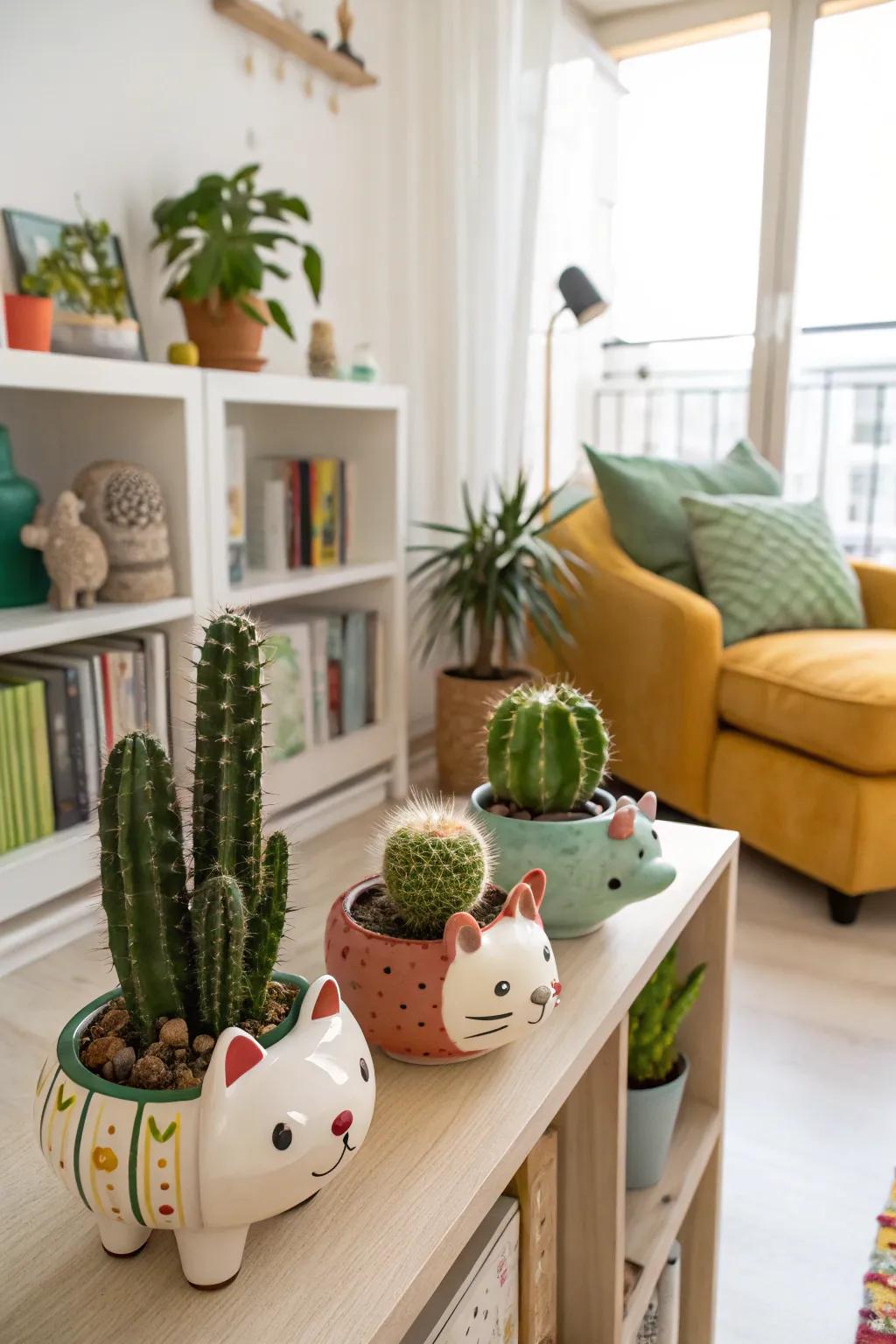 Ceramic animal containers give a playful touch to your cactus selection.