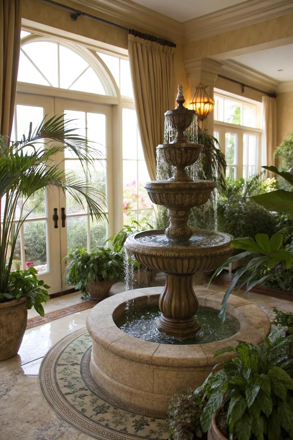 A water fountain lends tranquility to a California room.