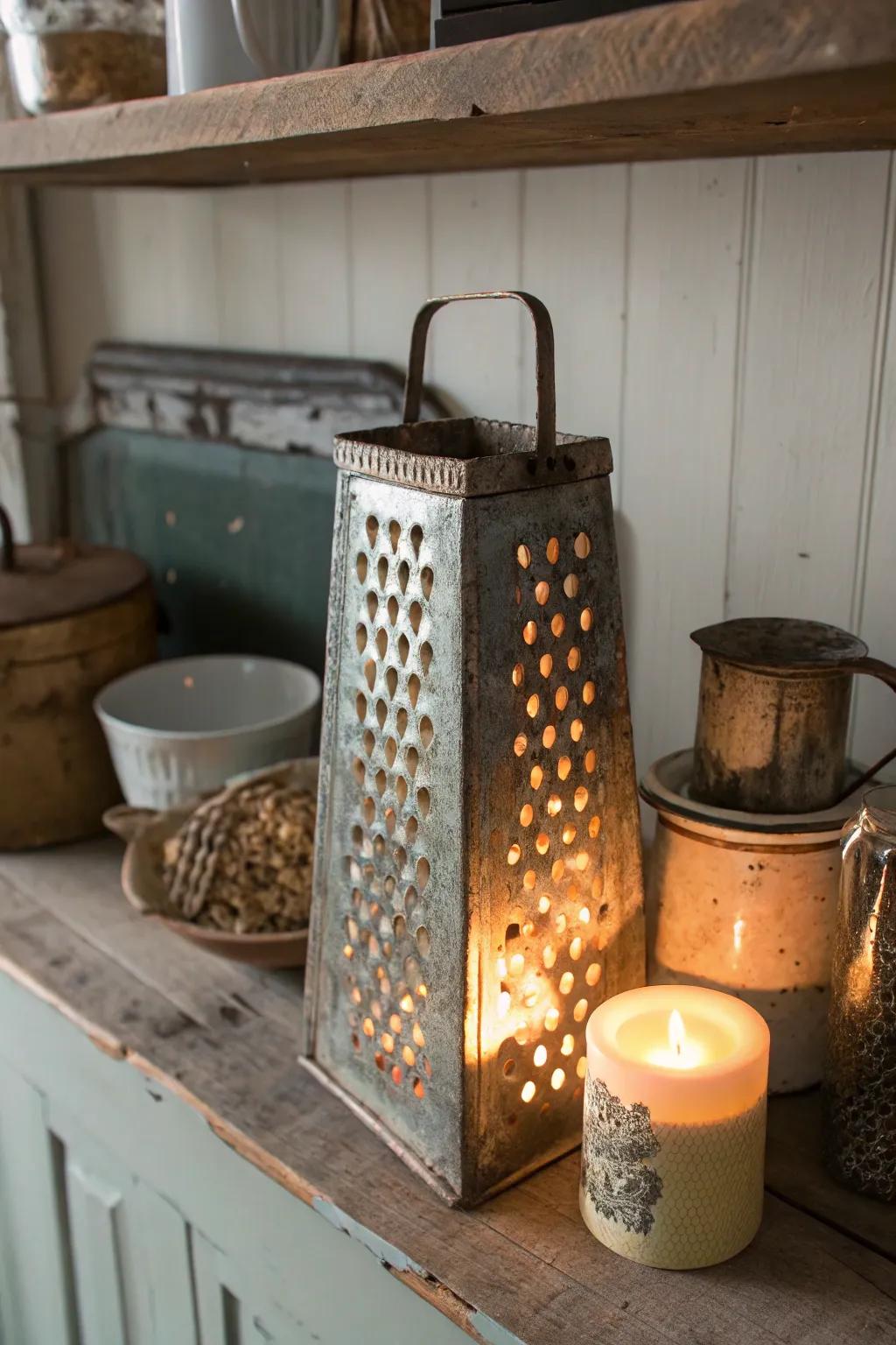 Countryside charm through repurposed grater light shields.