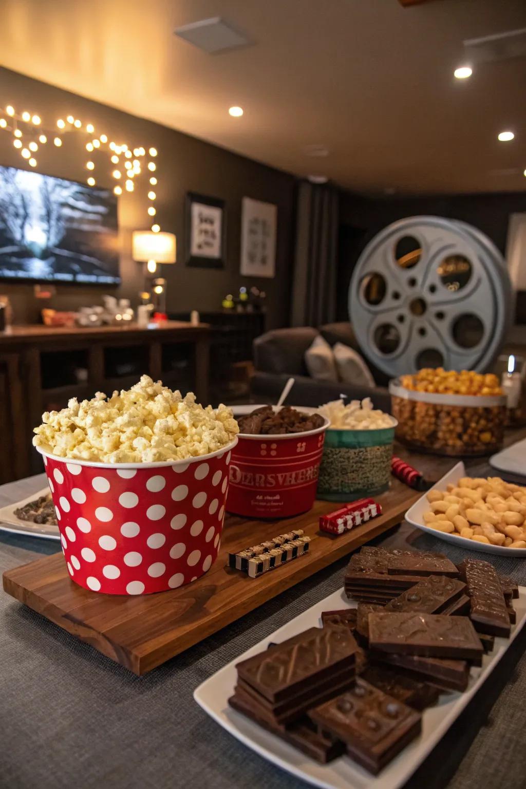 A confectionery display suited for a film watching marathon.