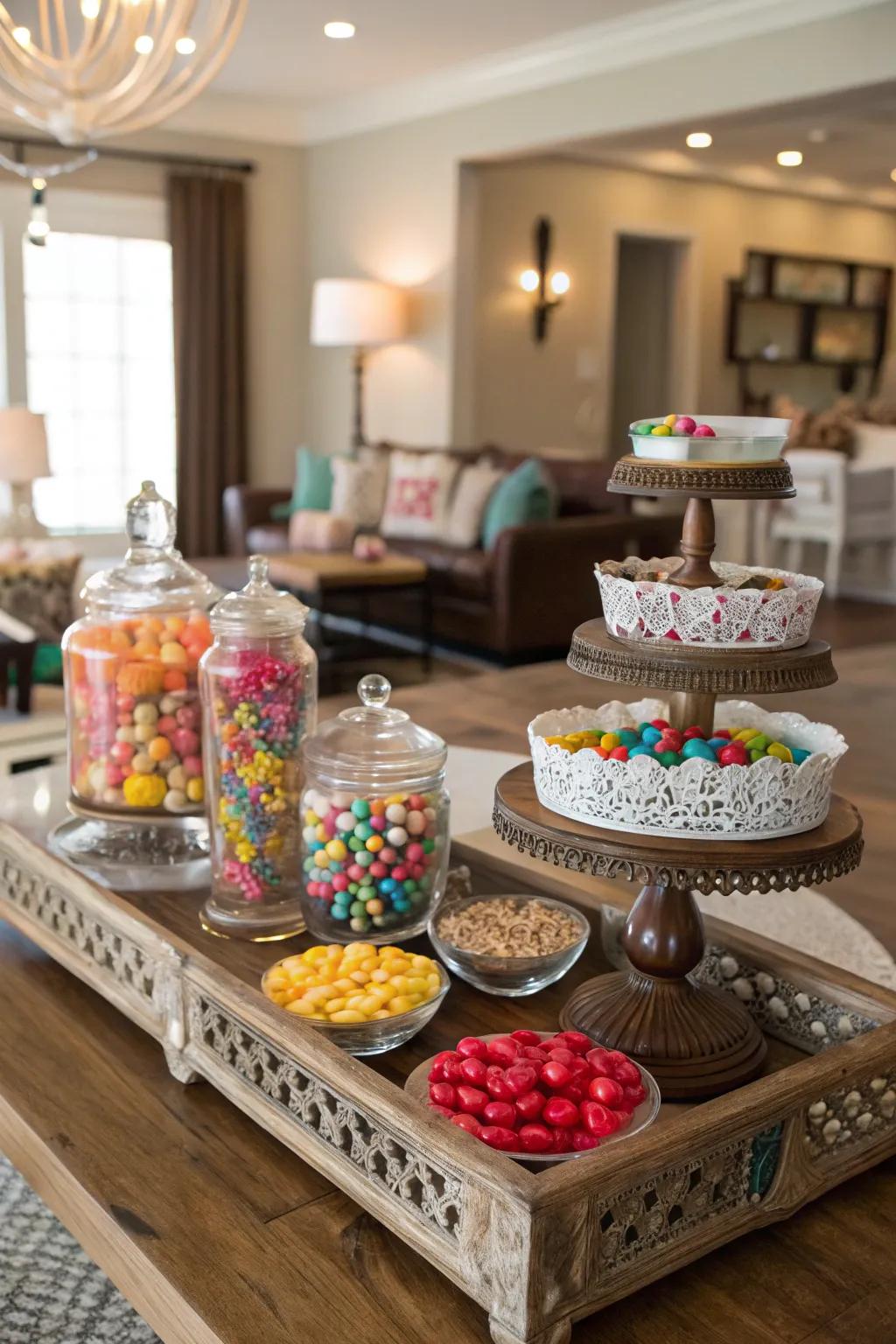 Repurposed containers and platforms adding character to the candy table