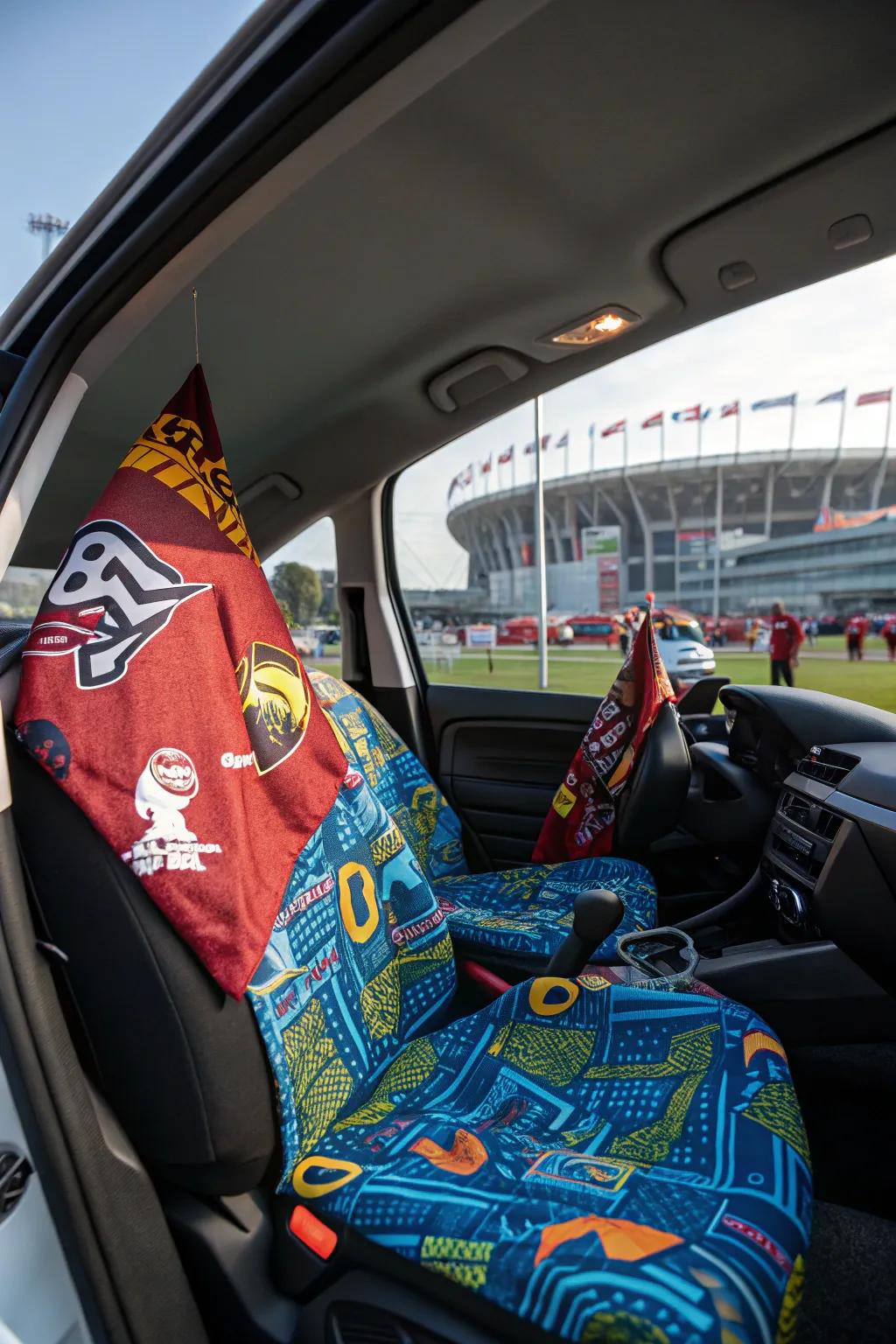 A car decked out in athletic enthusiast gear, ready for game day excitement.