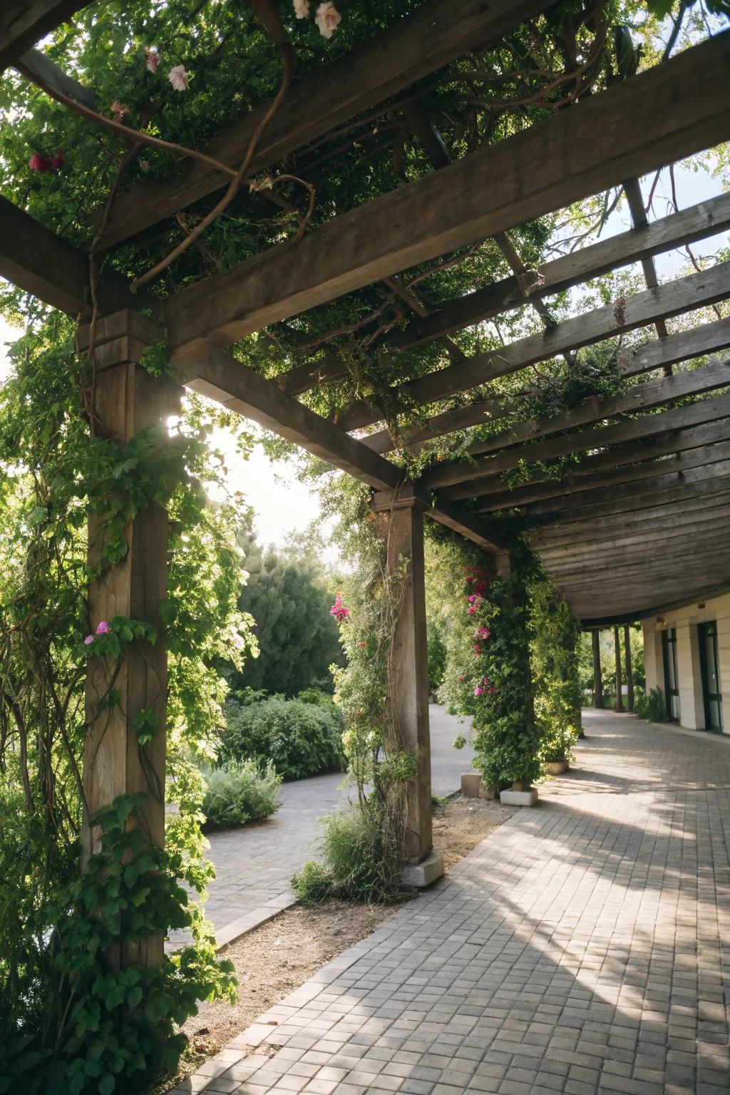A pergola-style carport, bringing charm and natural beauty to the space.