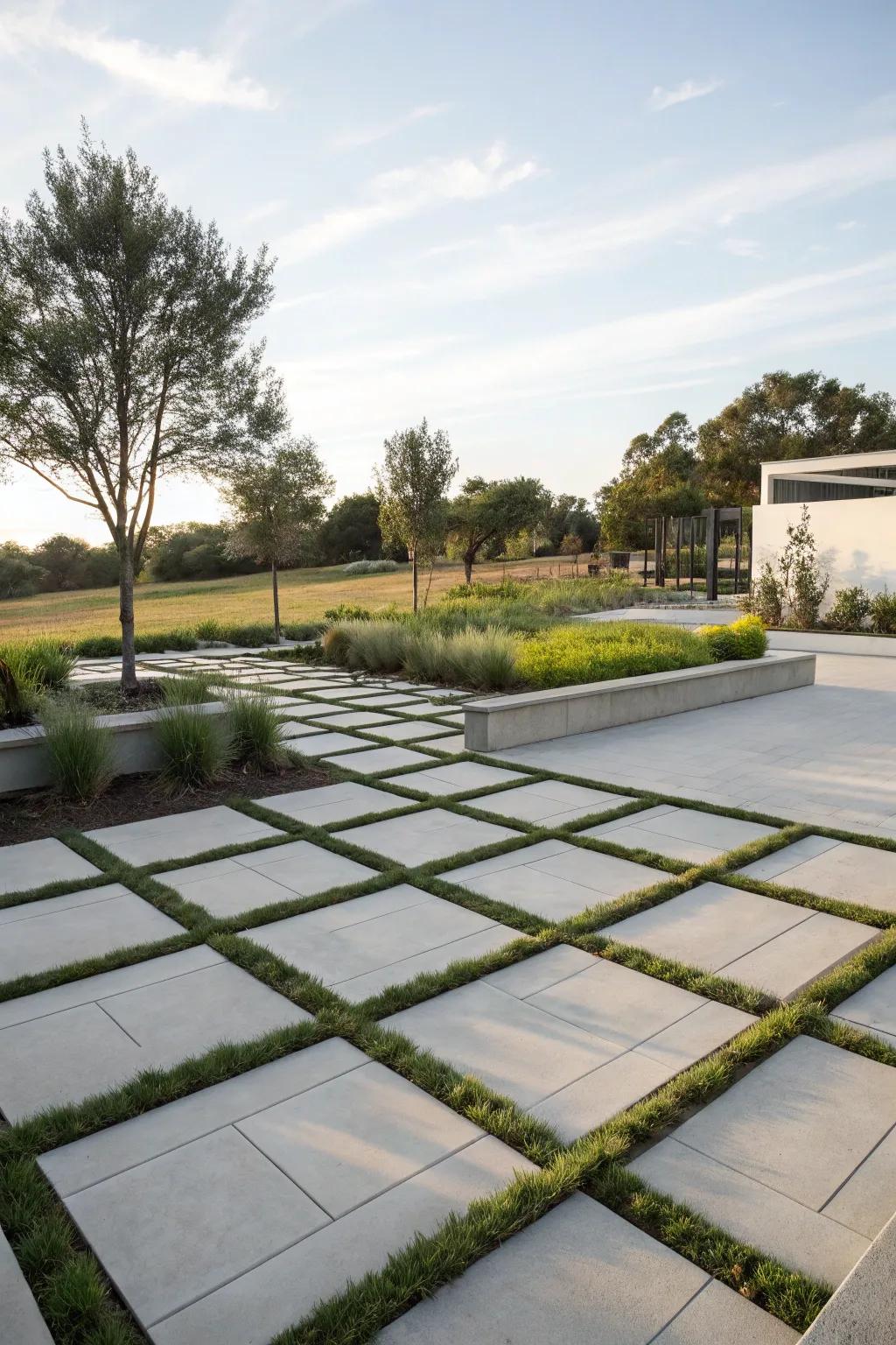Modern geometric stone tile blocks for a bold outdoor declaration.
