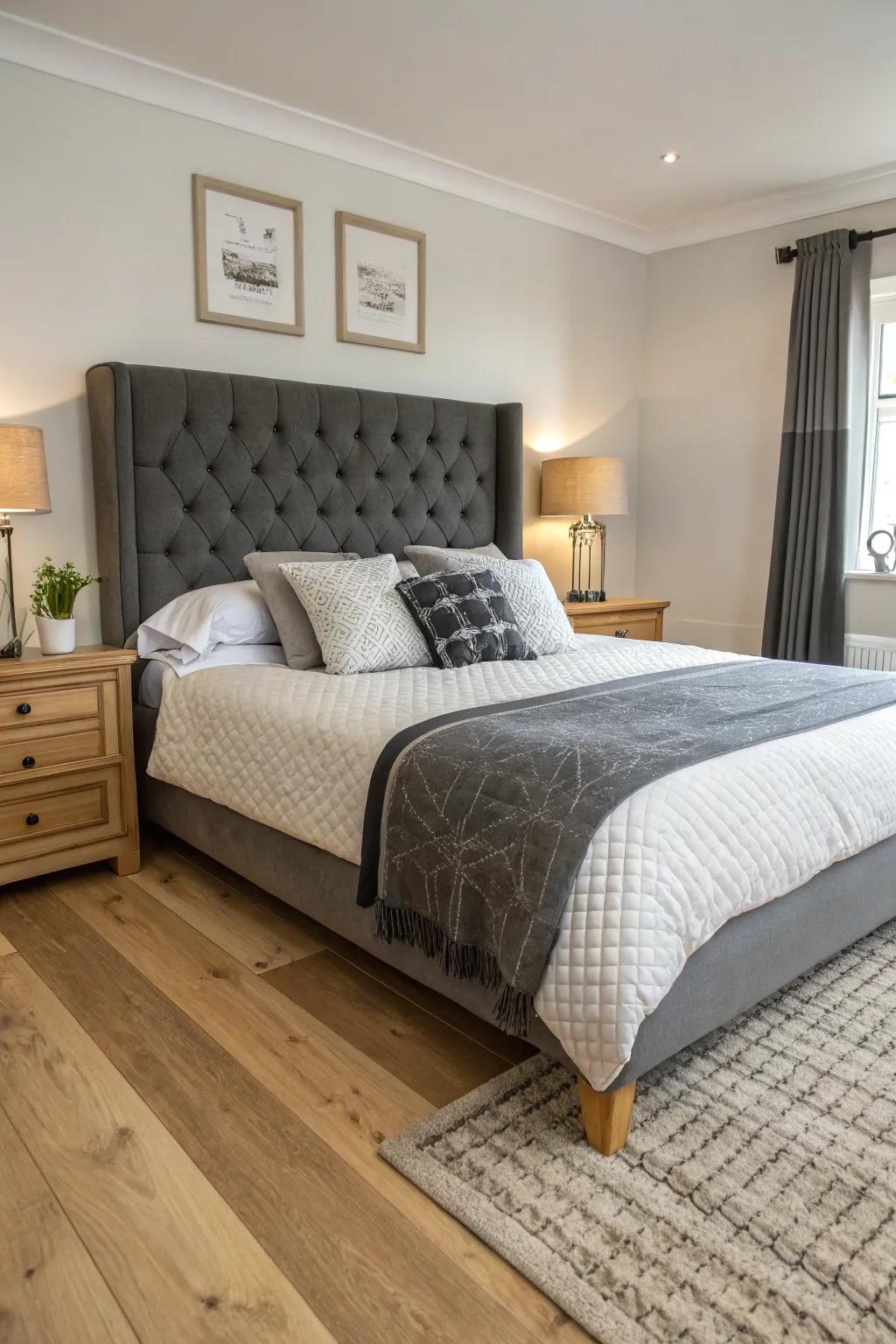 Light flooring contrasts beautifully with a charcoal grey headboard.