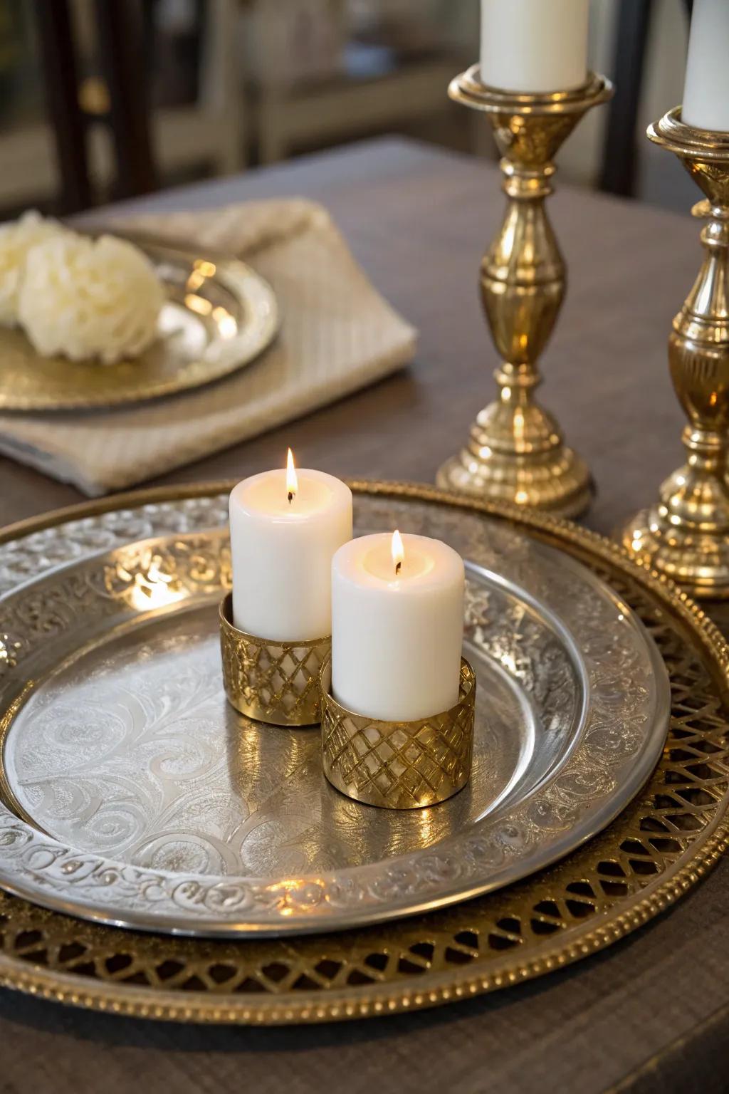 Elevate your table's feel using a glamorous, metallic-inspired focal point.