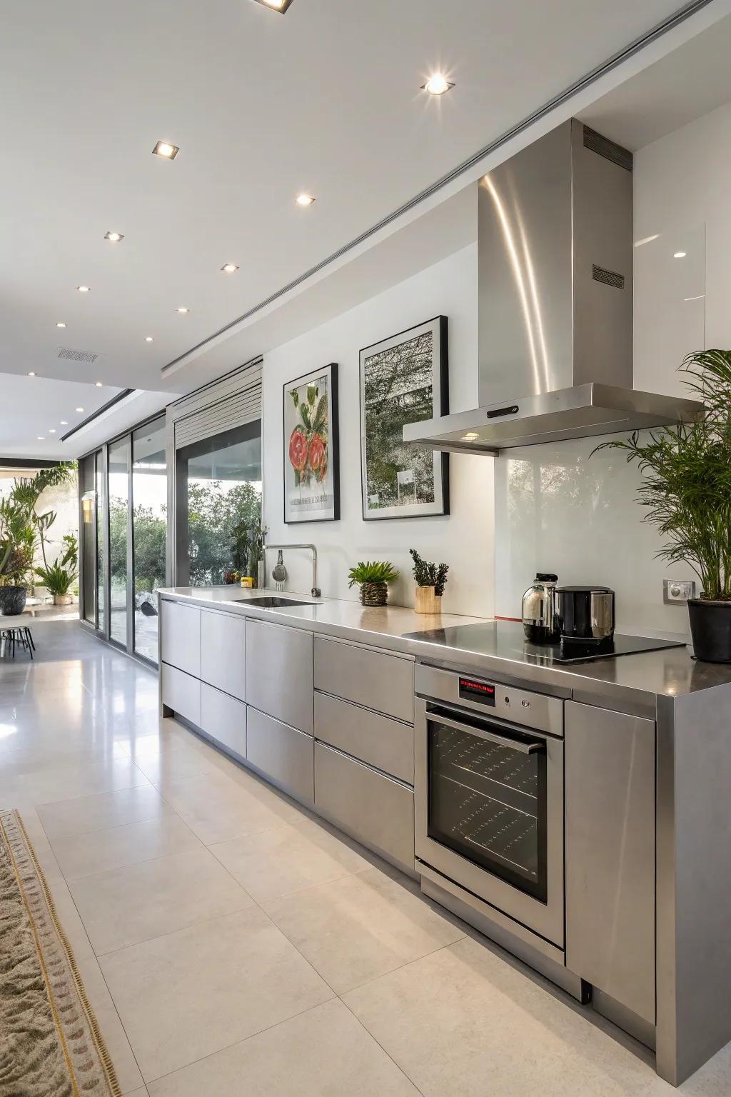 Modern kitchen with treated iron countertops.