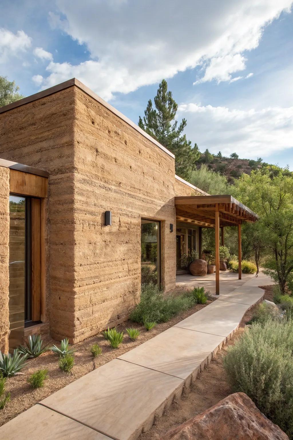 A sturdy and sustainable compacted earth residence with a countryside appeal.