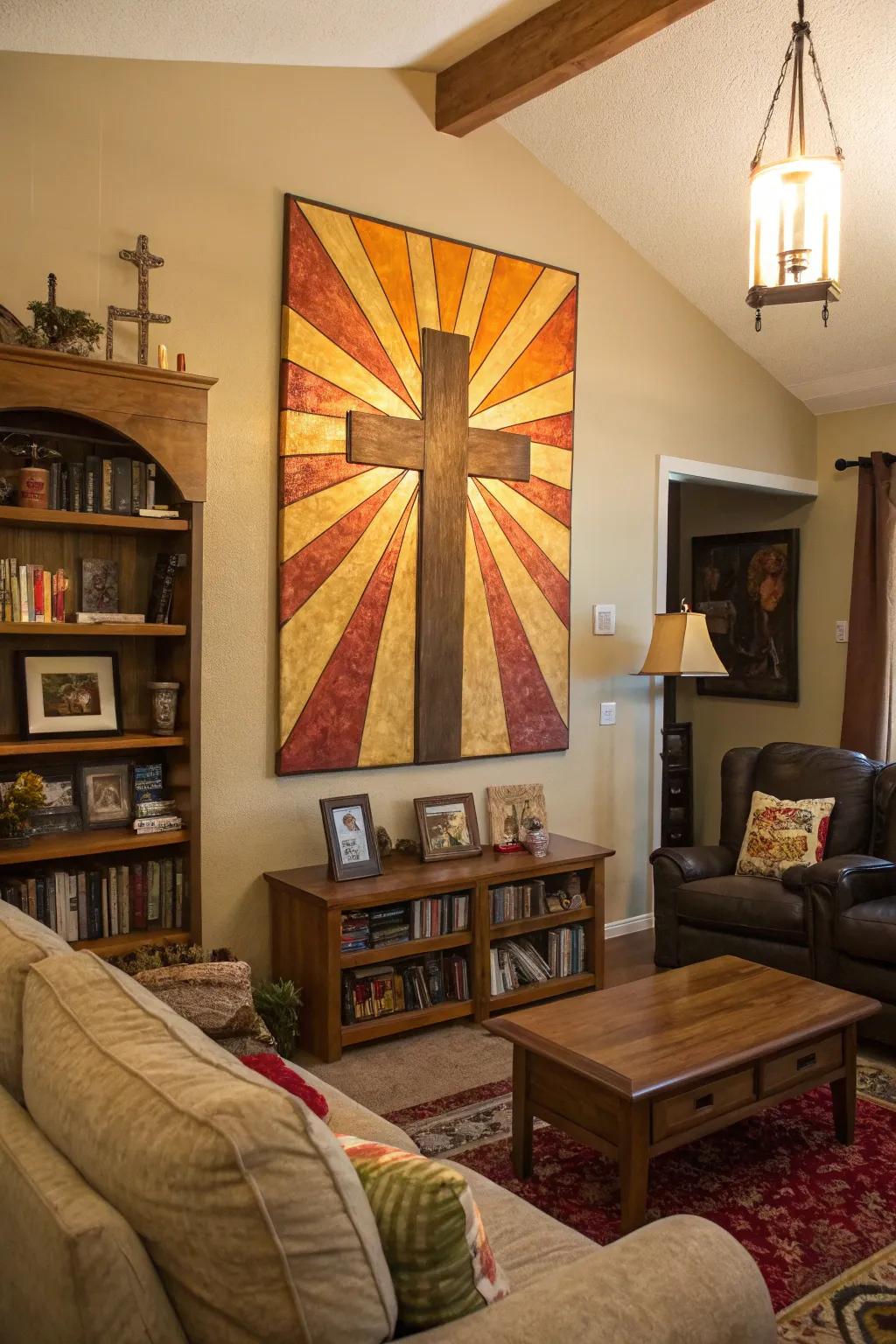 A sunburst cross painting bathes your home in warmth and optimism.
