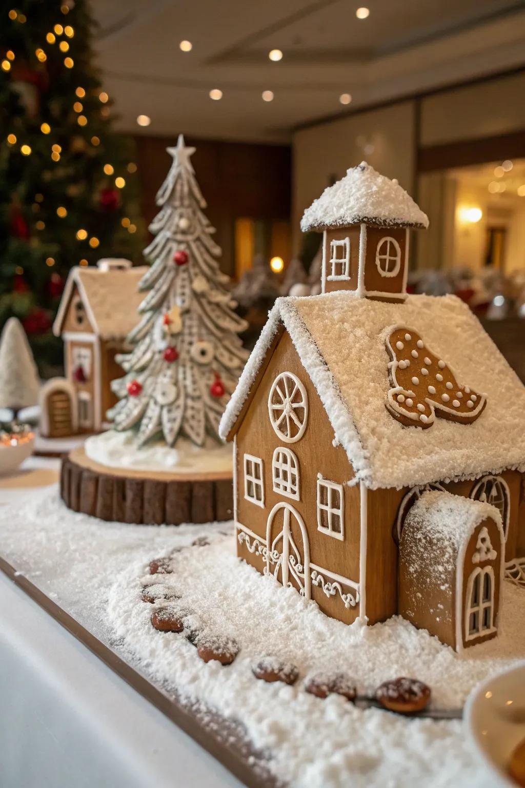 A spicebread village centerpiece delights with sweet holiday charm.