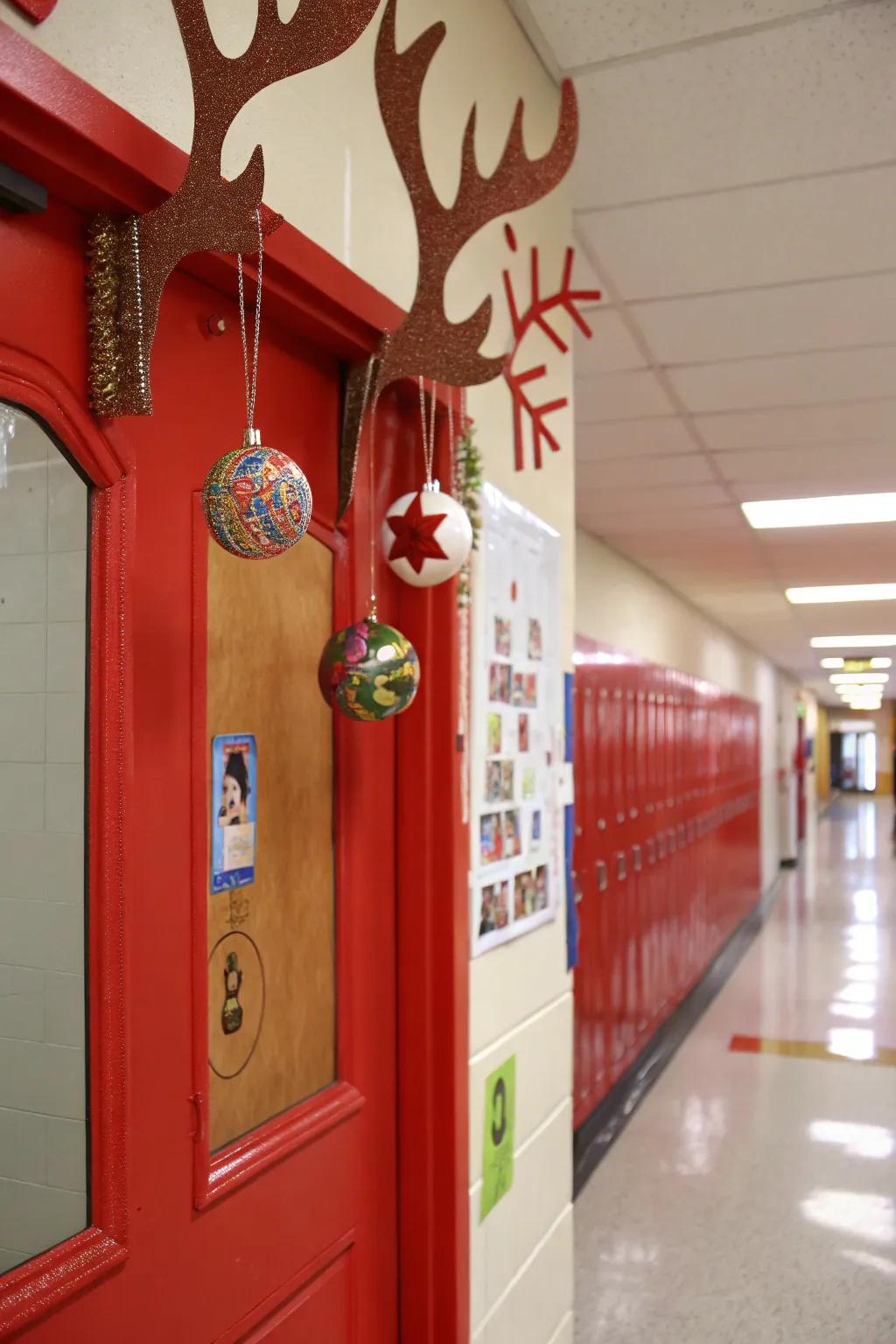 Reindeer antlers embellished with learner-fashioned baubles.