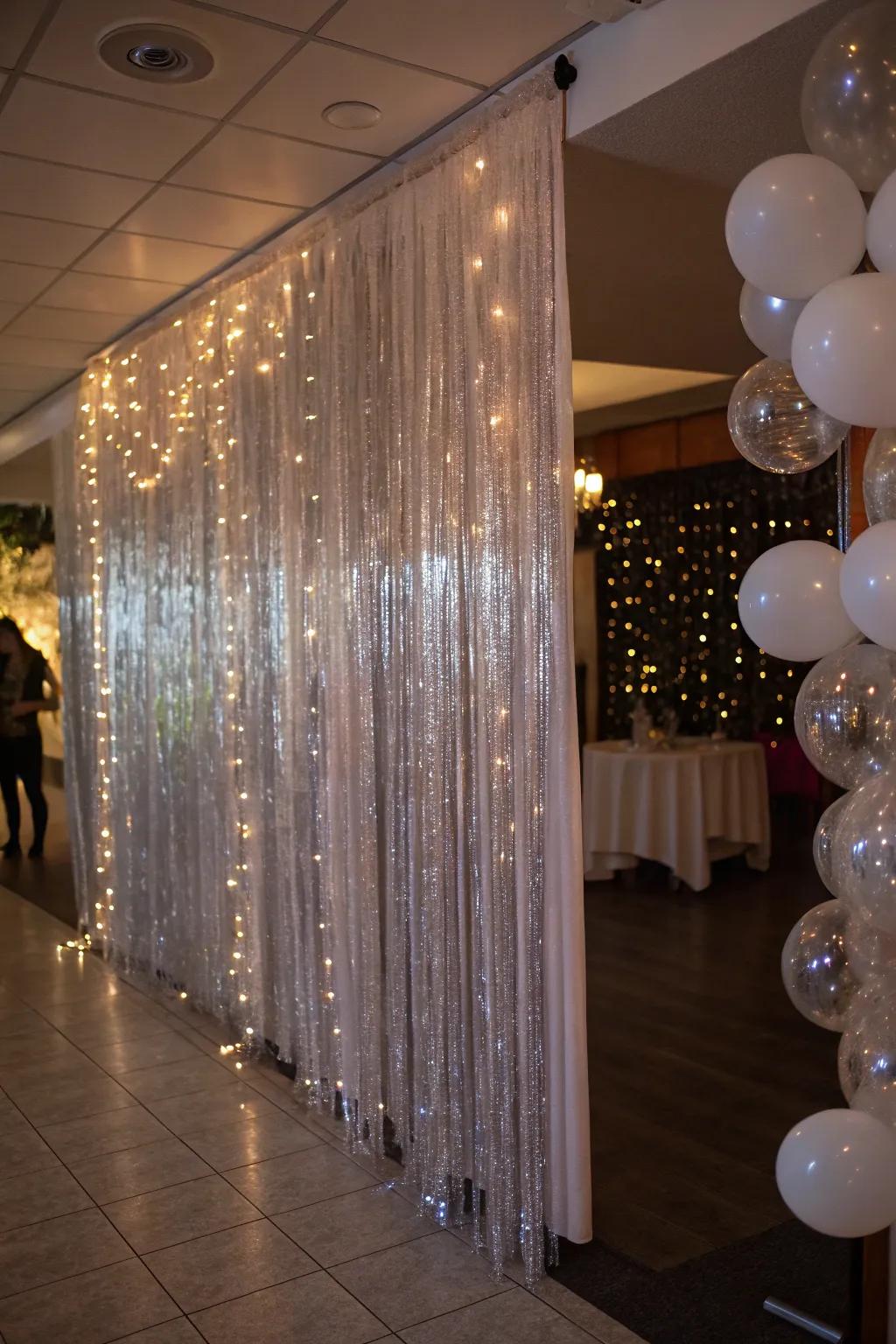 A stunning sparkle ribbon curtain establishes the stage for celebratory gatherings.
