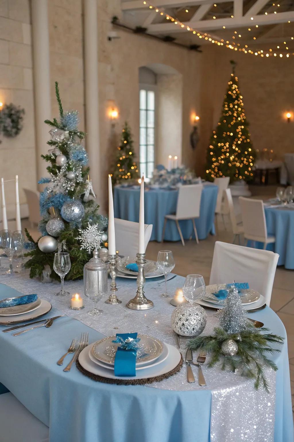 Silver and blue craft a chic, wintry elegance.