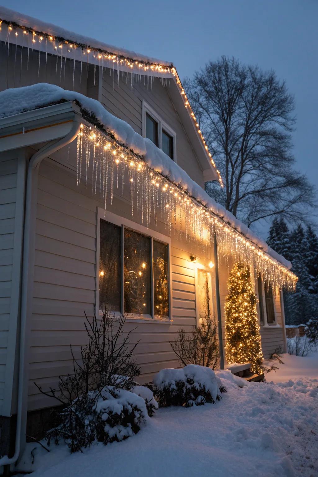 A house roofline beautifully outlined with drip lights.