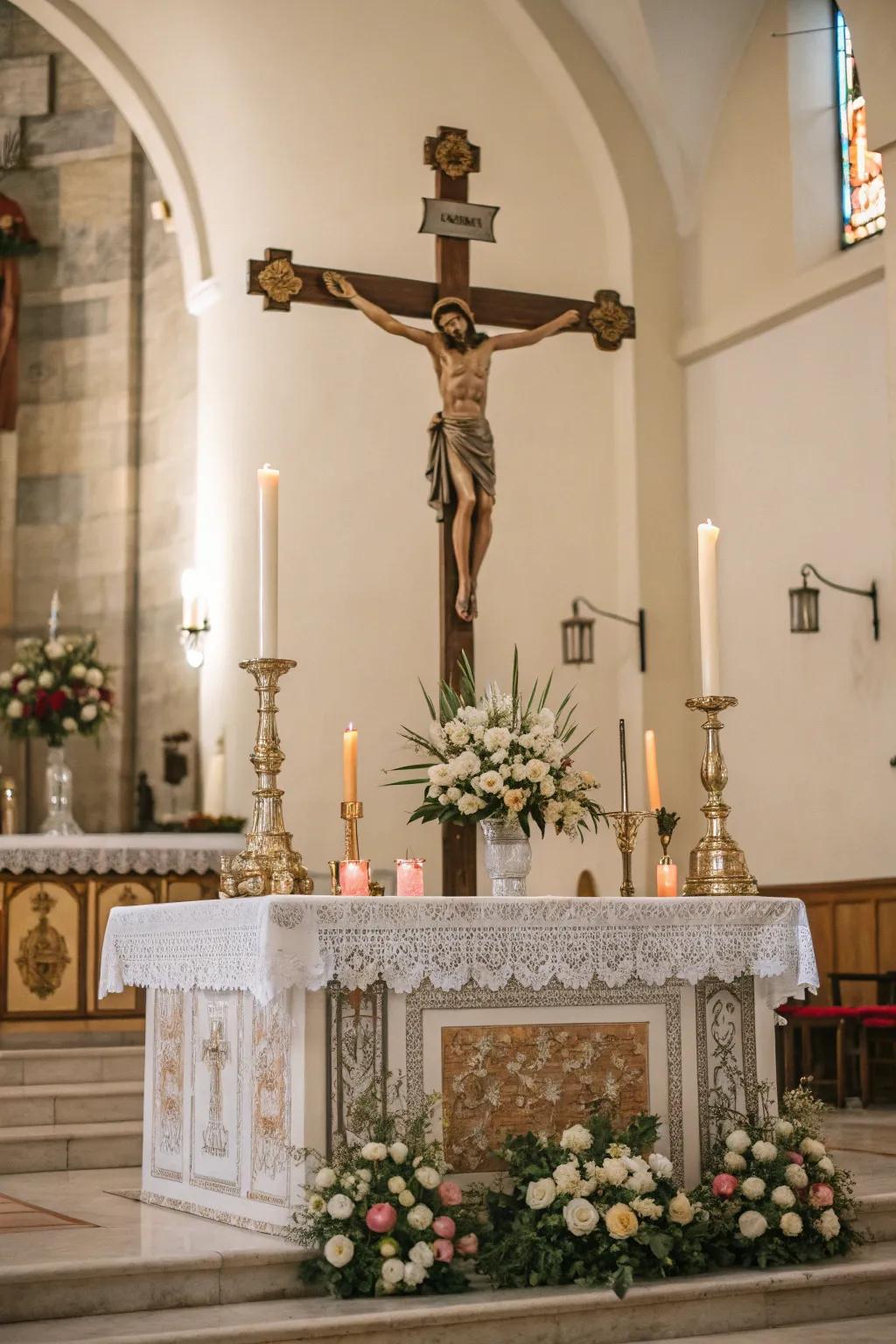 An altar featuring a prominent cross as a powerful centerpiece.