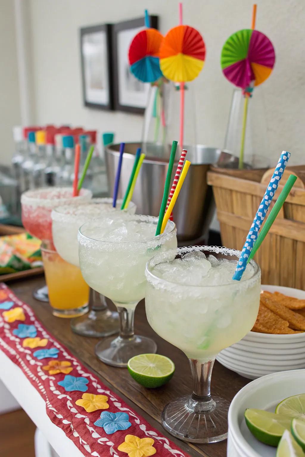 A lively beverage station with celebratory margaritas and aguas frescas.