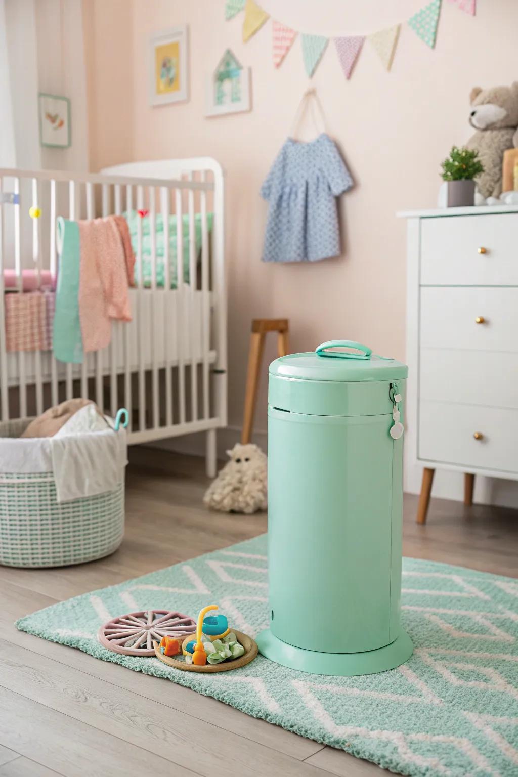 A vibrant linen container infuses a playful element into the nursery while fulfilling a practical function.