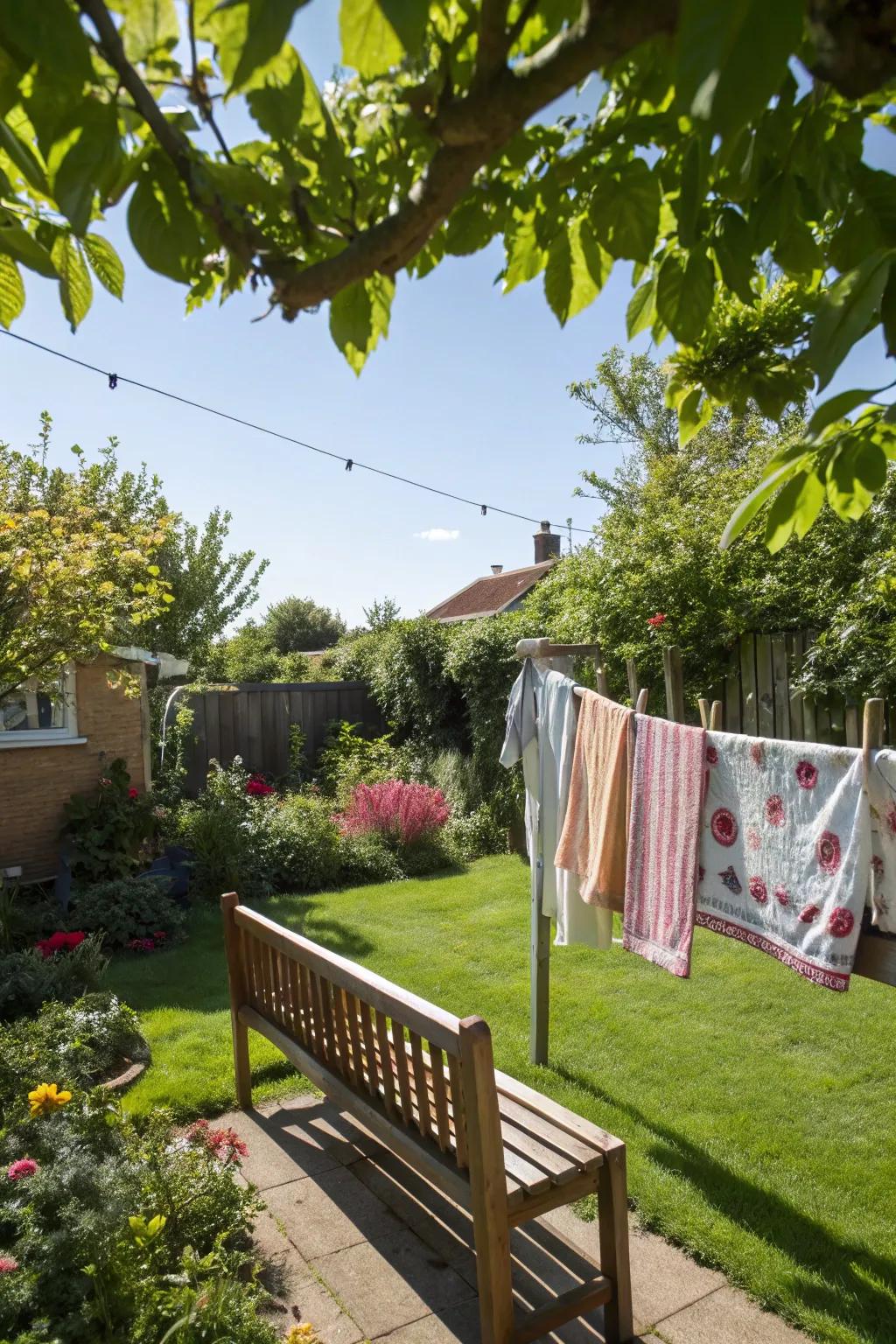 A cozy bench incorporated with a clothesline for dual-purpose use.