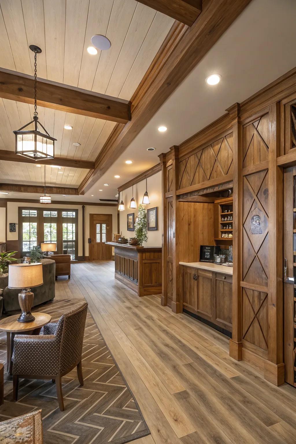 Mixed wood finishes appending depth to a clubhouse interior.