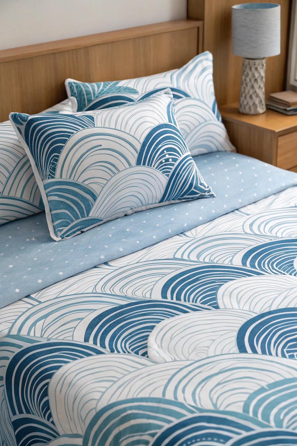 Unexpected patterns add a unique twist to coastal bedding.