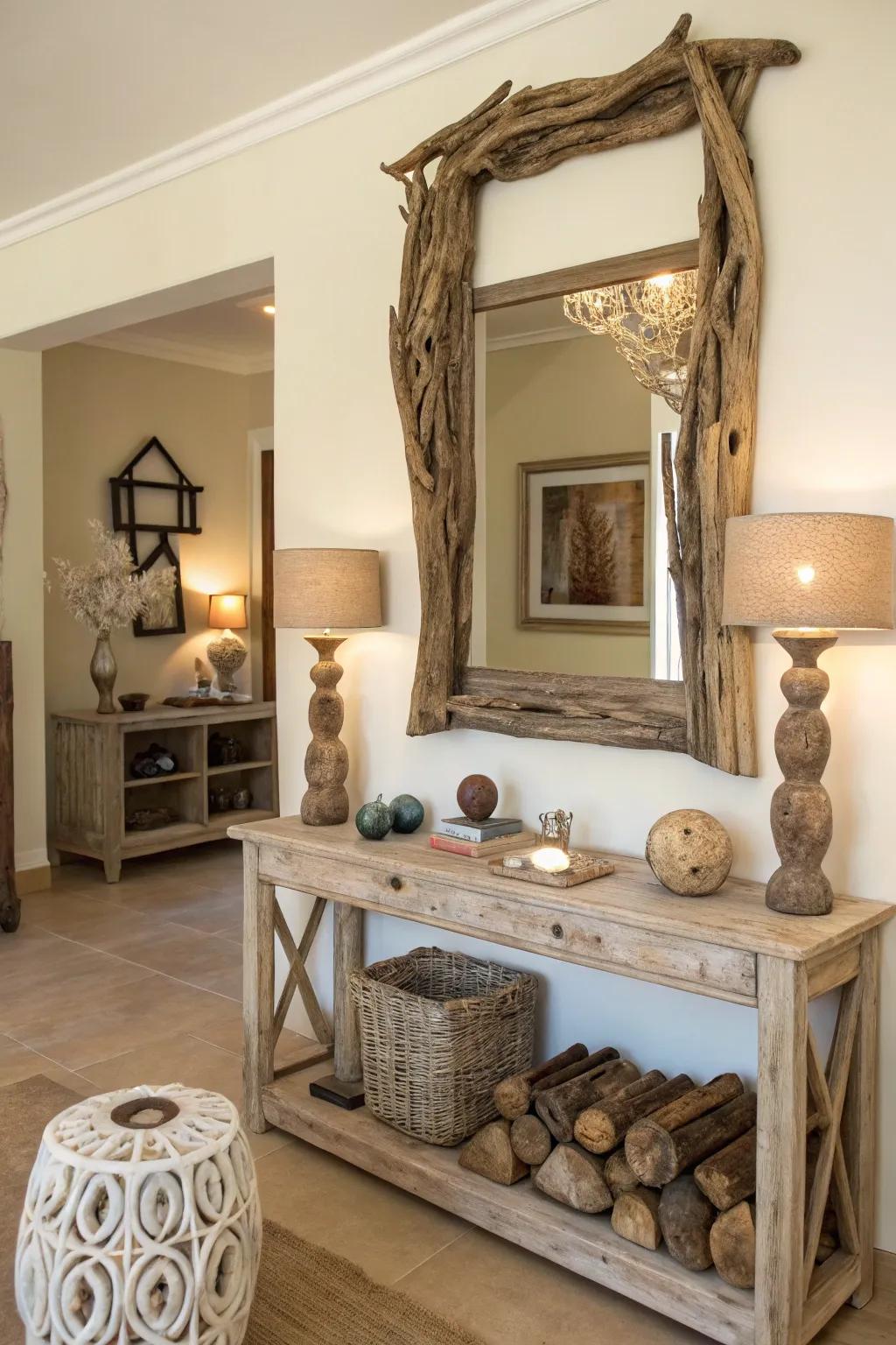 Driftwood accents adding a natural coastal element.