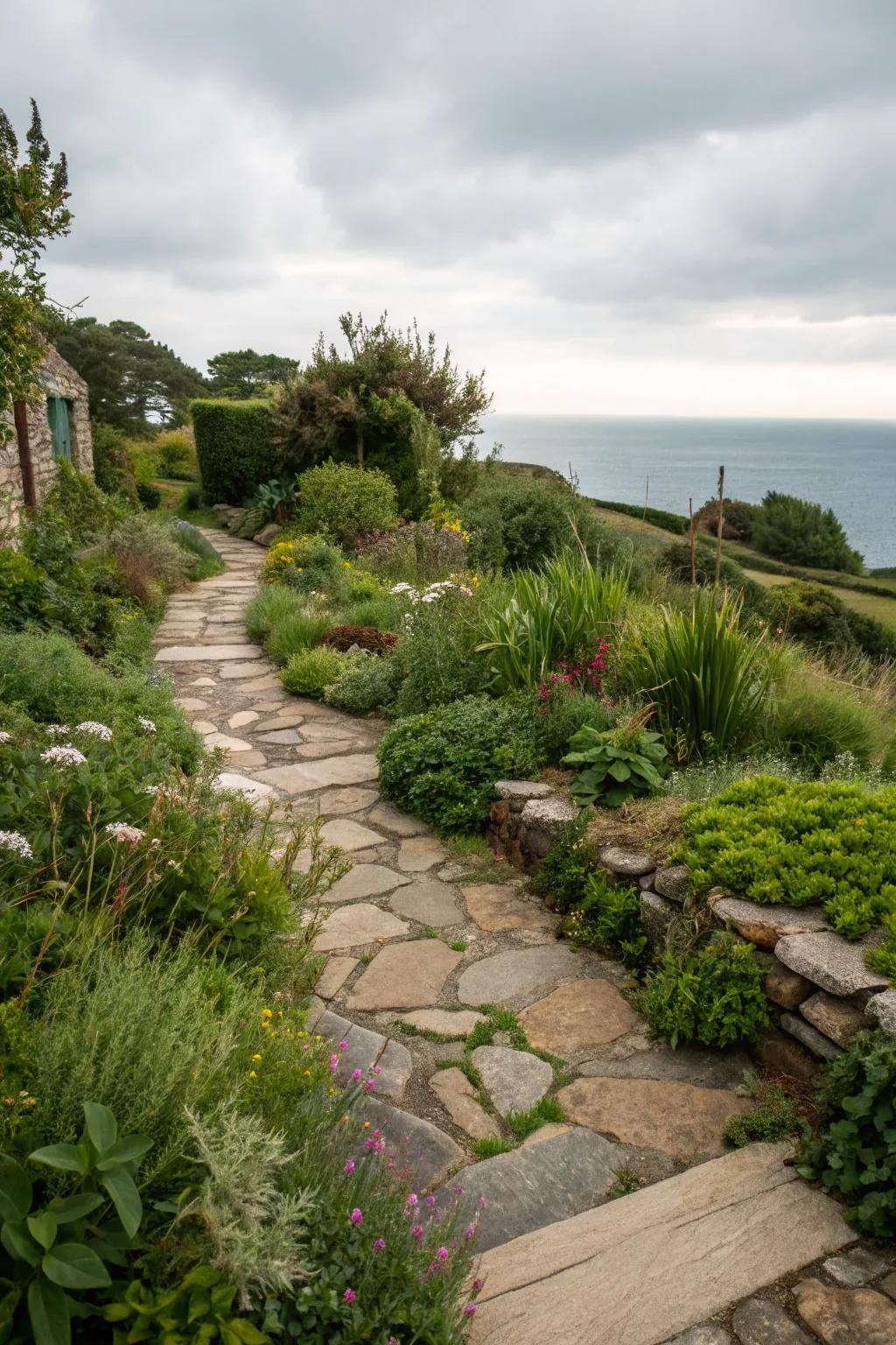Local rocks compose a harmonious aesthetic in a coastal garden.