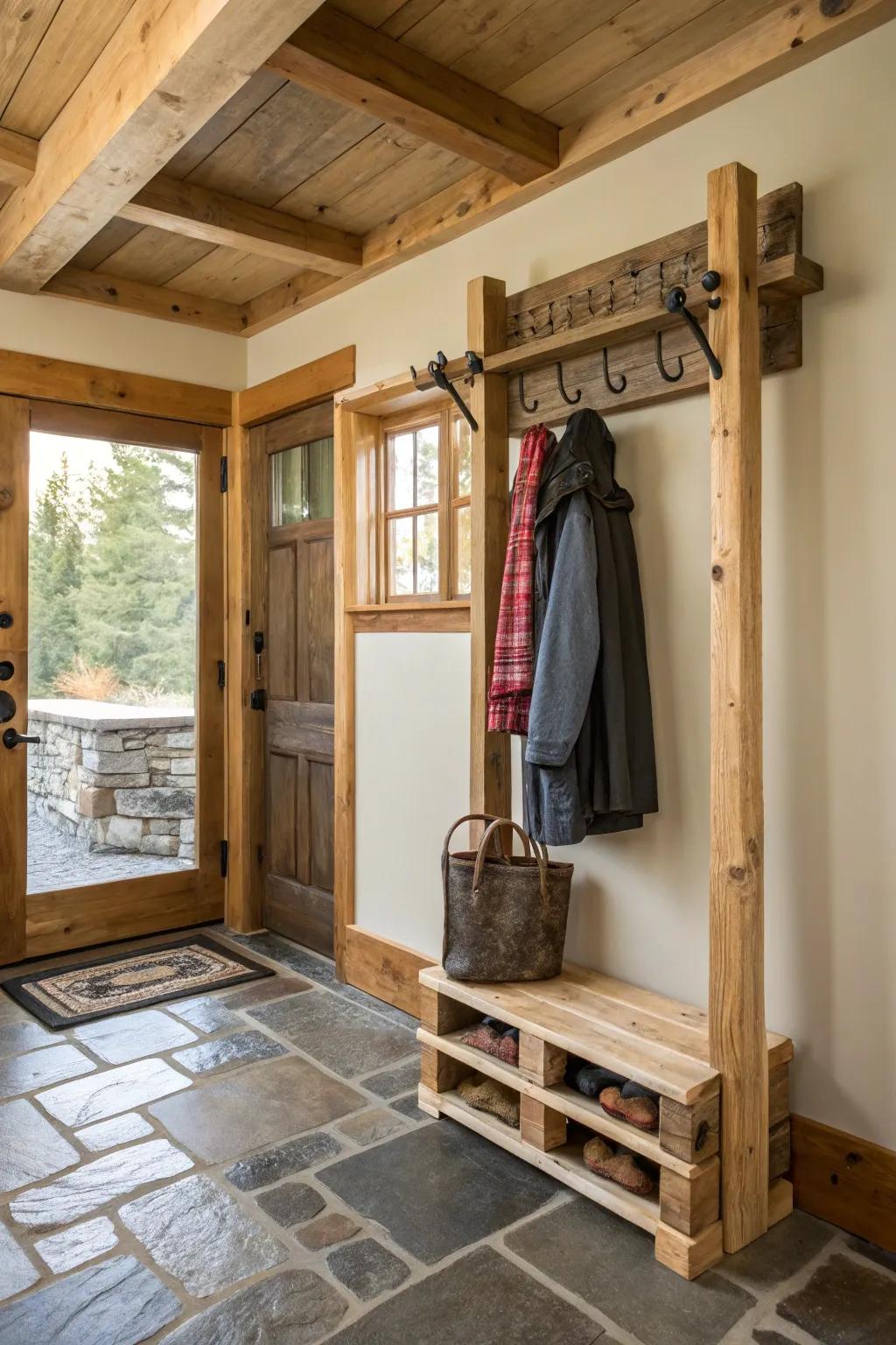 A reclaimed wood skid coat rack, combining sustainability with rustic charm.