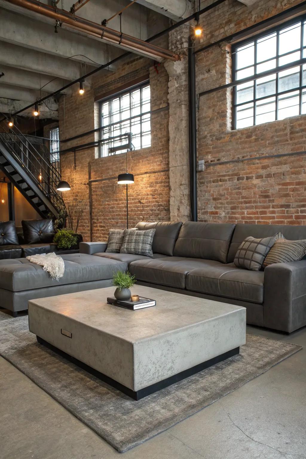 A concrete coffee table introduces an industrial touch to a cozy living room.