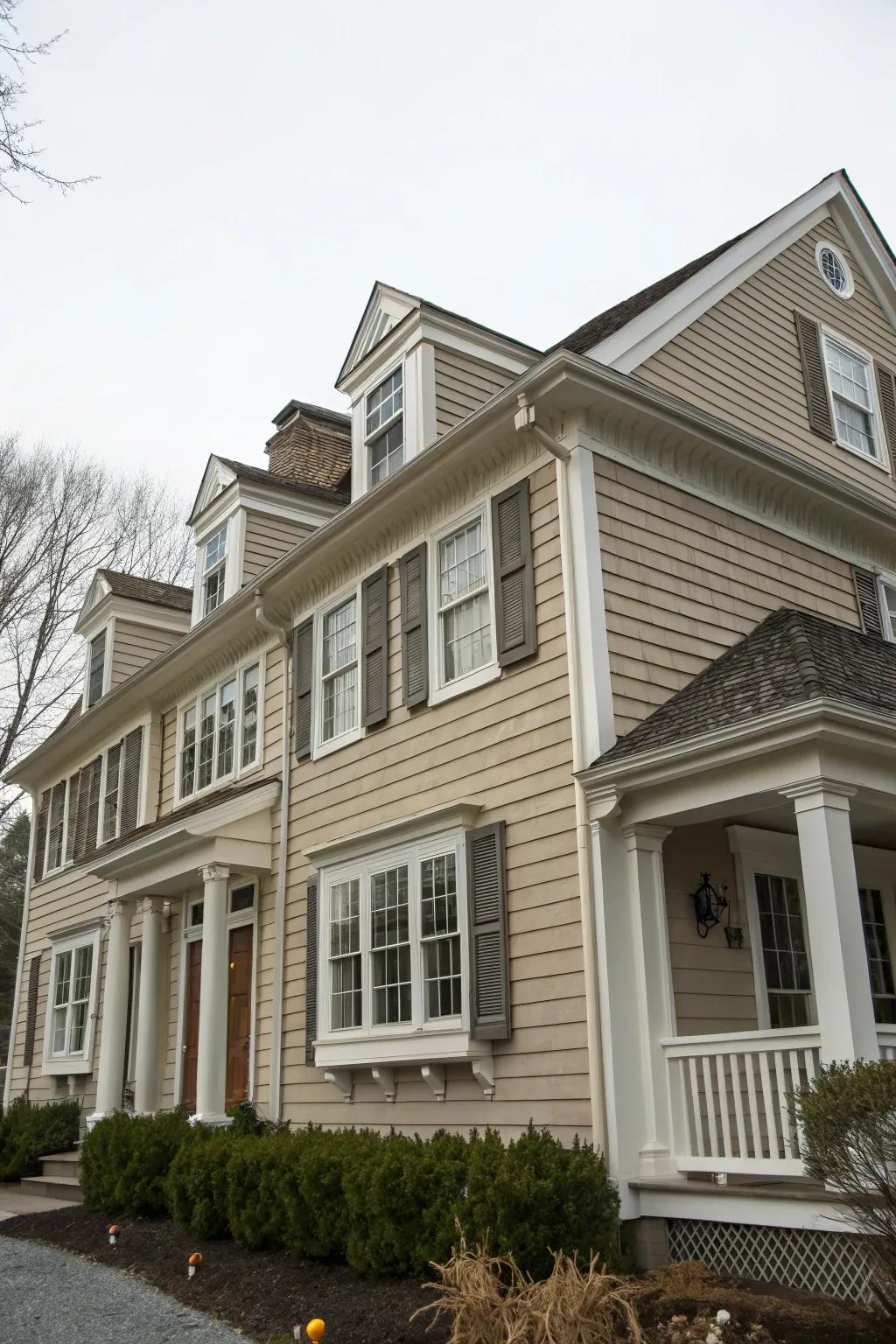 Colonial house with drab and cream tones.