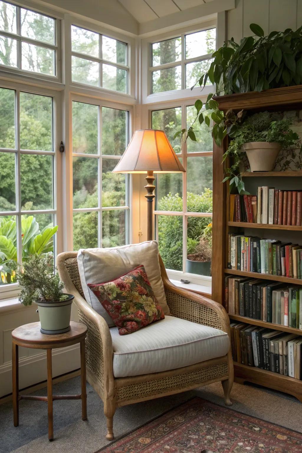 A cozy reading alcove in a sunroom, ideal for book enthusiasts.