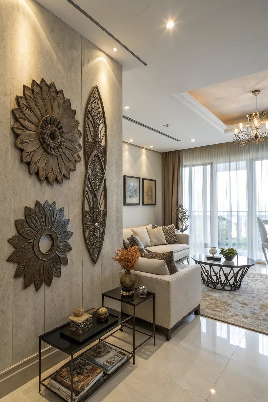 An artistic wall showcasing engaging sculpted components