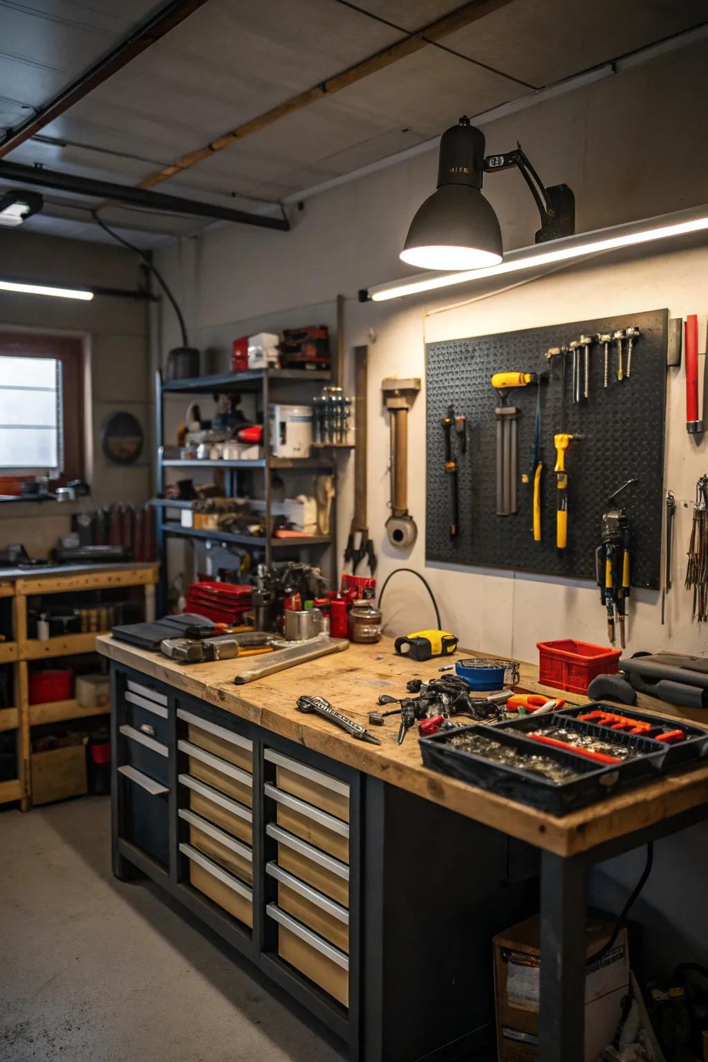 A dedicated workshop area enhances creativity and productivity in the garage.