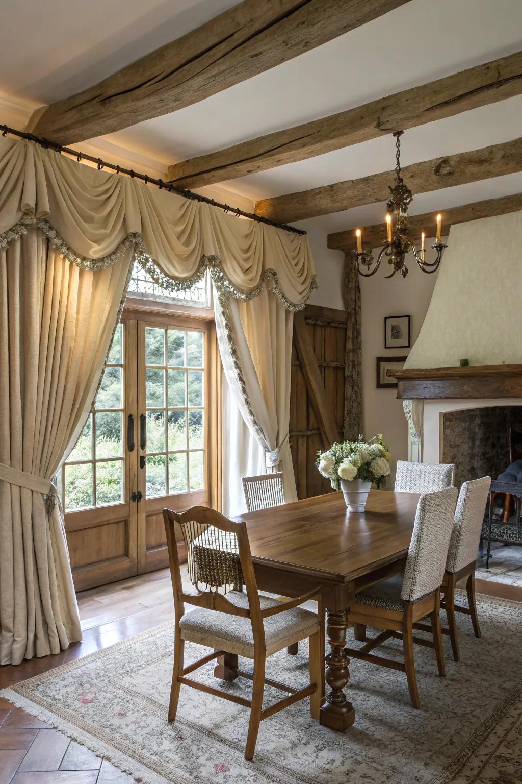 Draped top window treatments enhance the class of country-style interiors.