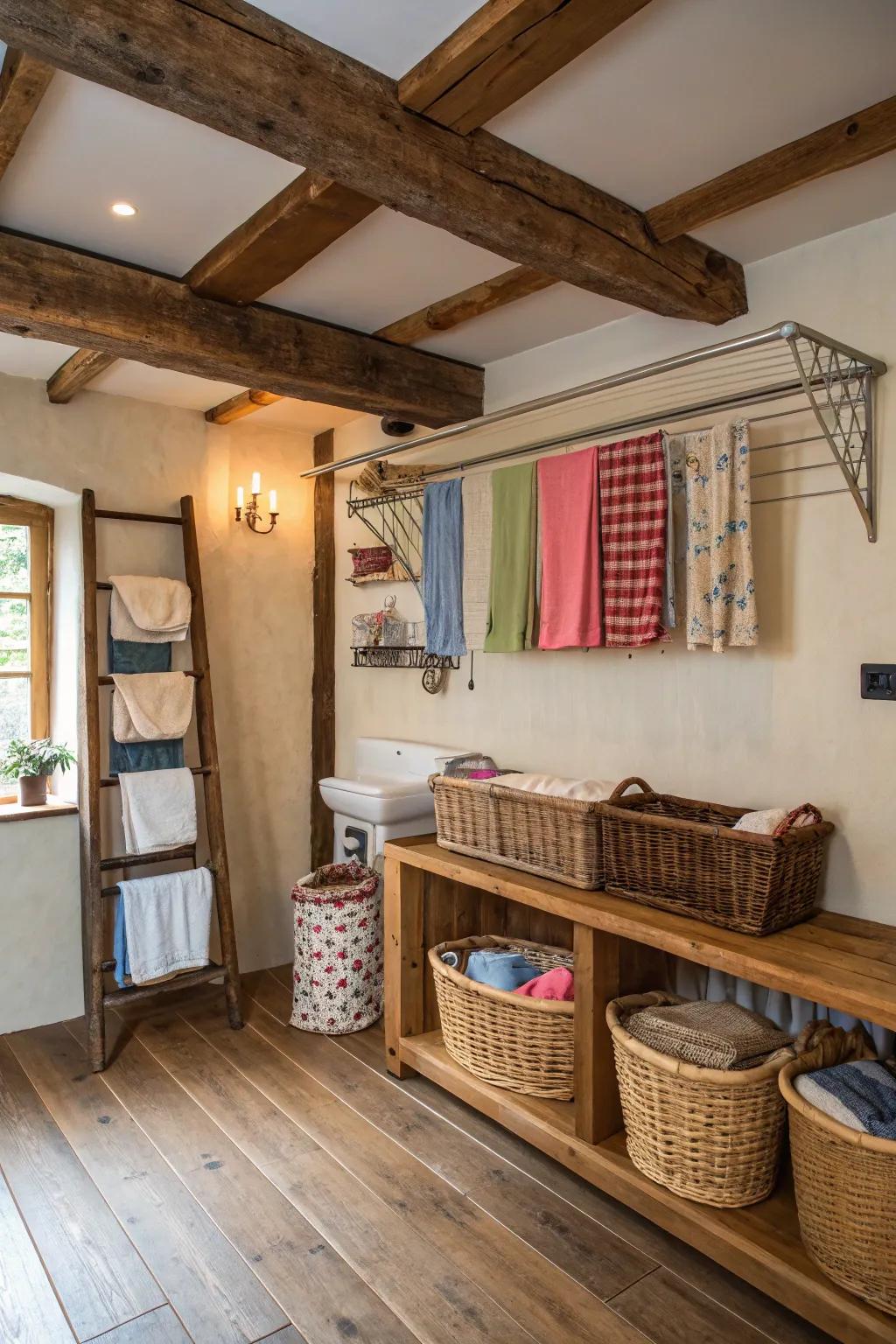 A drying apparatus combines practicality with rustic sophistication.