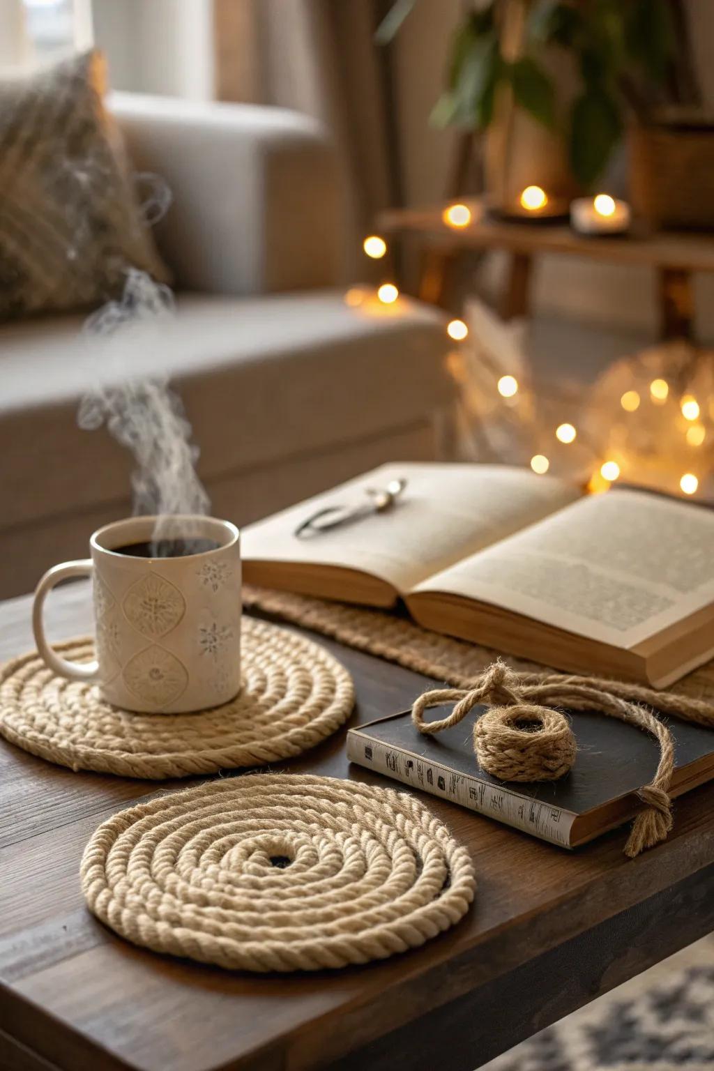 Rope coasters contribute an element of countryside refinement.