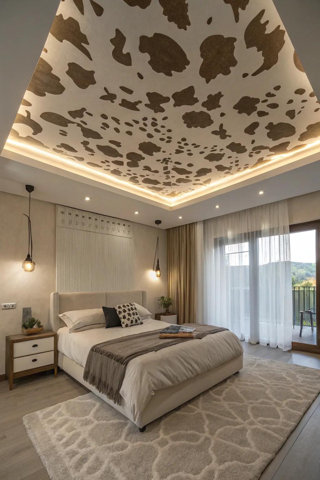 Bovine patterns on the ceiling contribute a surprising and dynamic element.